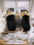 Mitaines Réjeanne Large édition Harley Davidson cuir noir opossum gris renard recyclés broderie ArtAbaska fait à la main Québec