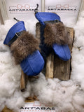 Mitaines Clementine Medium – Cuir bleu royal & rouge haut de gamme fourrures recyclées raton et opossum fait main Québec