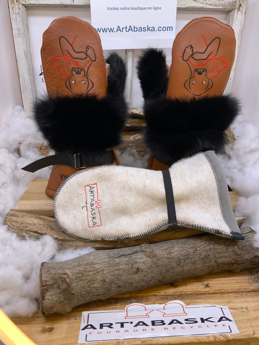 Mitaines Aline Large renard noir patchwork vison noir cuir orange brulé édition amour de chiens ArtAbaska fait main Québec