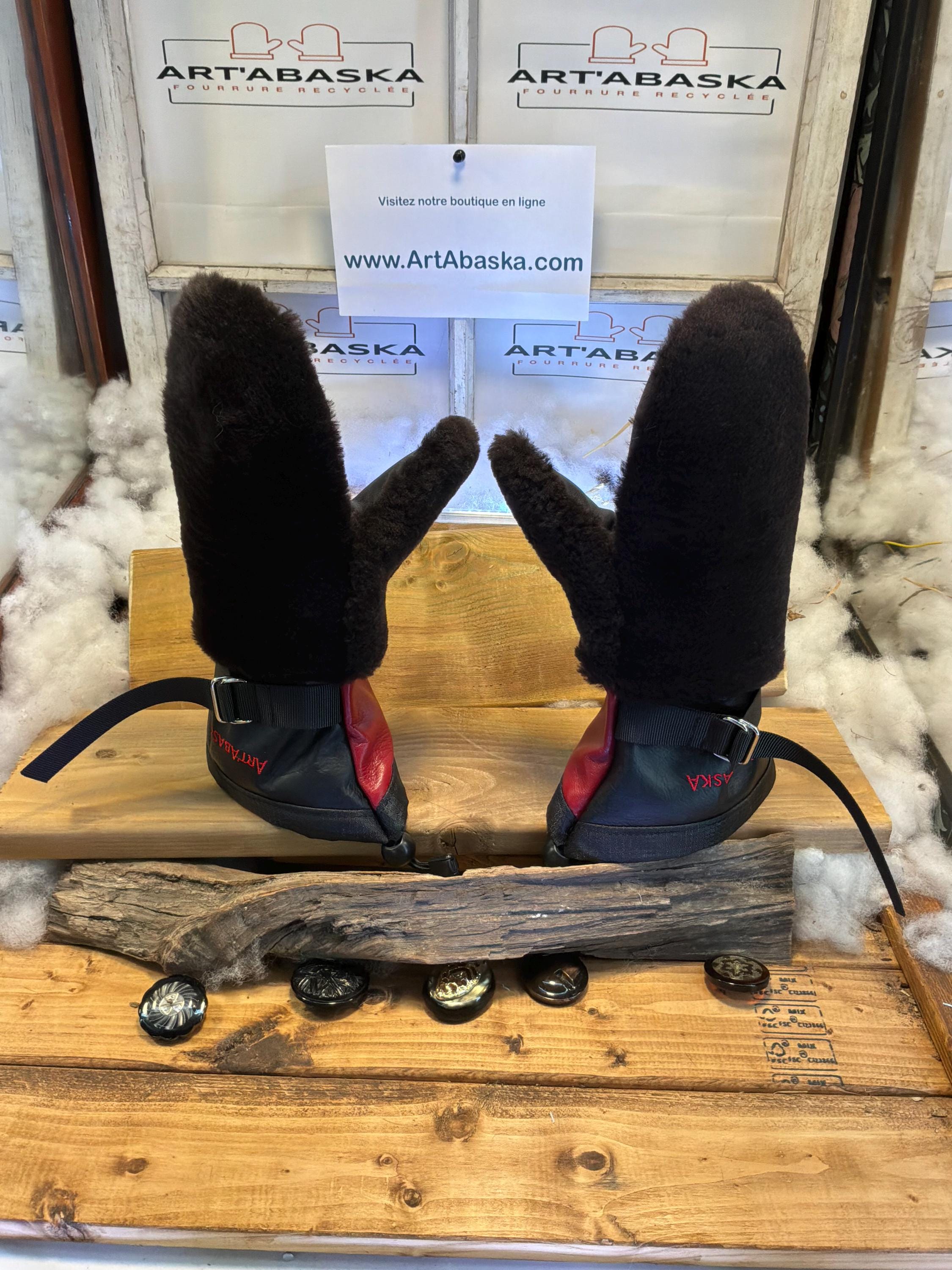 Mitaines Solange Medium mouton rasé brun recyclé, cuir italien noir & rouge pompier, pièce unique faite à la main au Québec