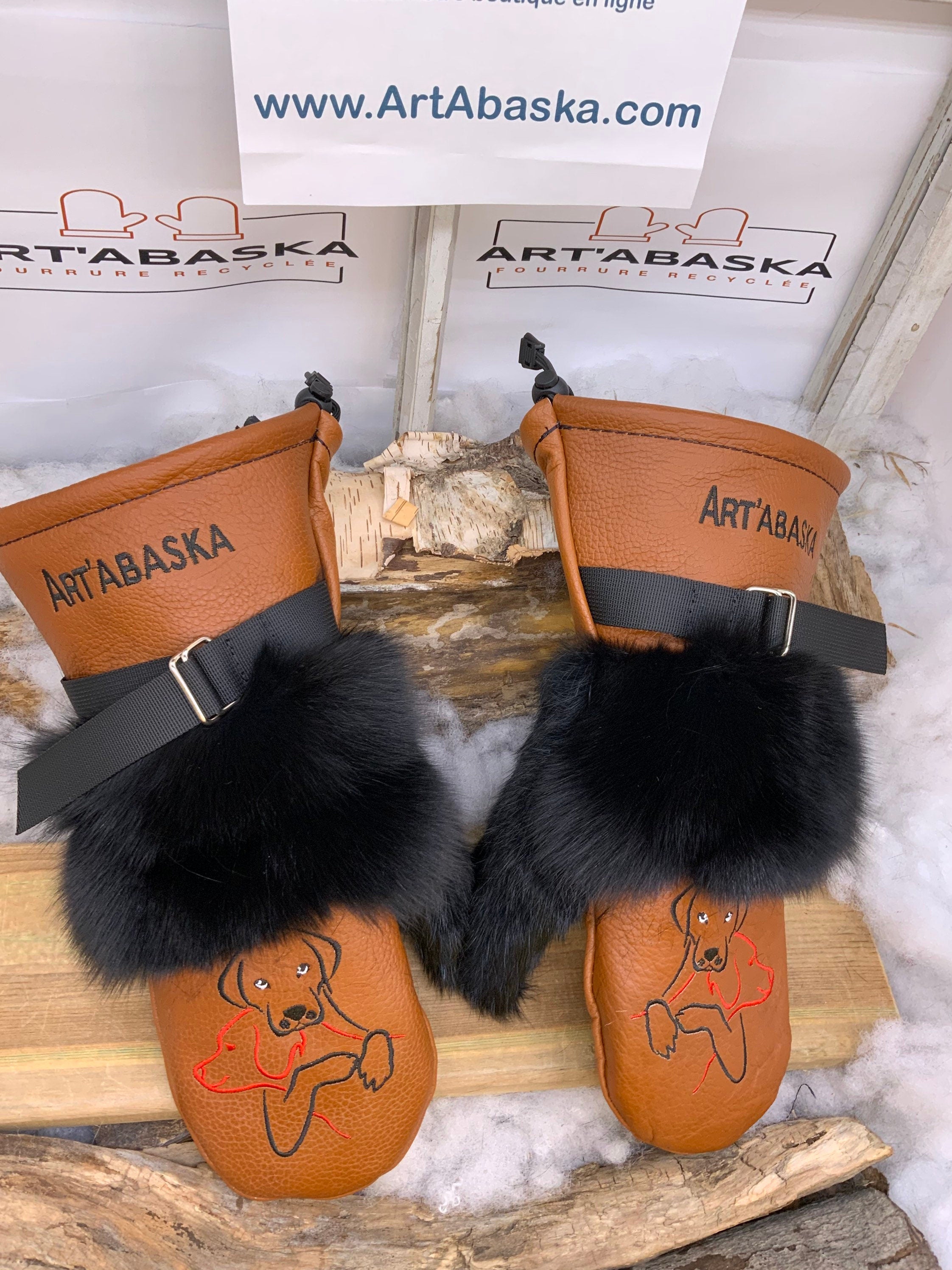 Mitaines Aline Large renard noir patchwork vison noir cuir orange brulé édition amour de chiens ArtAbaska fait main Québec