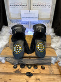 Mitaines Marguerite X-Large hommage aux Bruins de Boston cuir italien noir et lapin recycle fait a la main piece unique Quebec