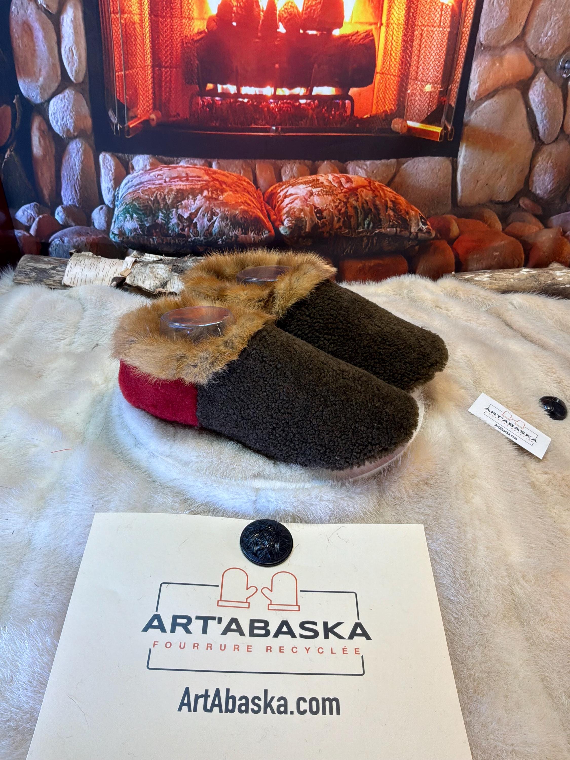Slipper Paquerette pointure 9 Homme / 11 Femme – Sherling italien & cuir recyclé, pièce unique faite à la main au Québec