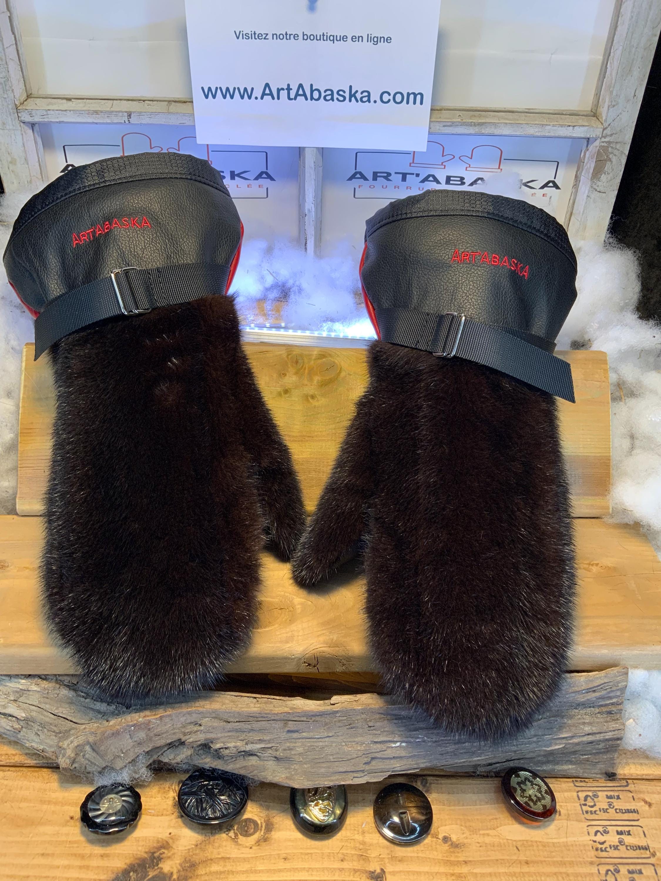 Mitaines hiver vison naturel & cuir italien rouge-noir | Mitaines fourrure recyclée fait à la main Québec | Modèle Alice X-Large