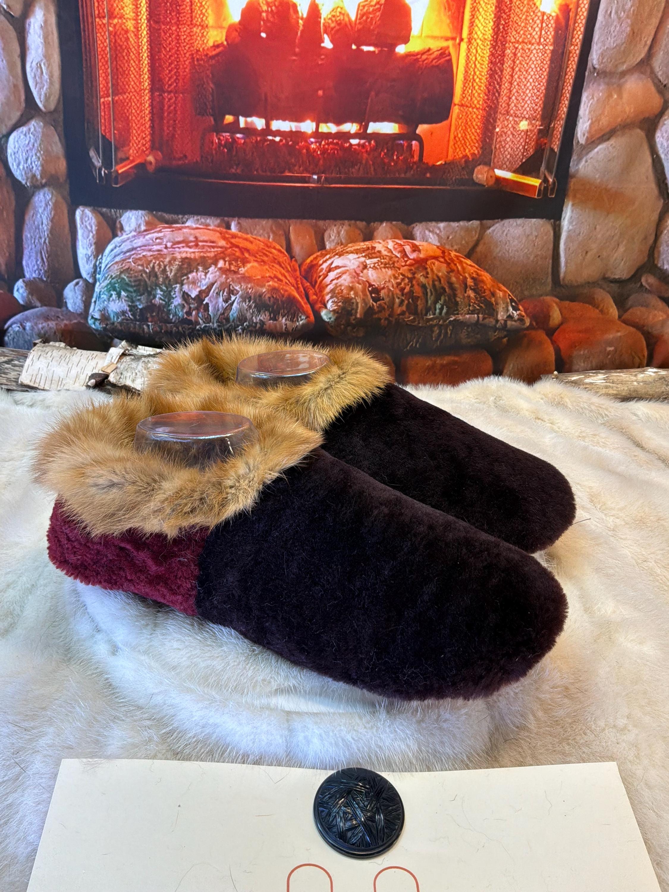 Slipper Thérèse pointure 10 Homme – Sherling italien & cuir recyclé, pièce unique faite à la main au Québec