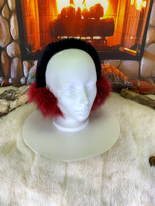 Cache-Oreilles tout en fourrure recyclée édition Renard teint rouge recyclé et cousu en morceaux Les Nicole