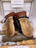 Mitaines Ernestine XL – Vison beige creme & lapin noir recyclés, cuir brun vieilli, fait à la main, pièce unique Québec