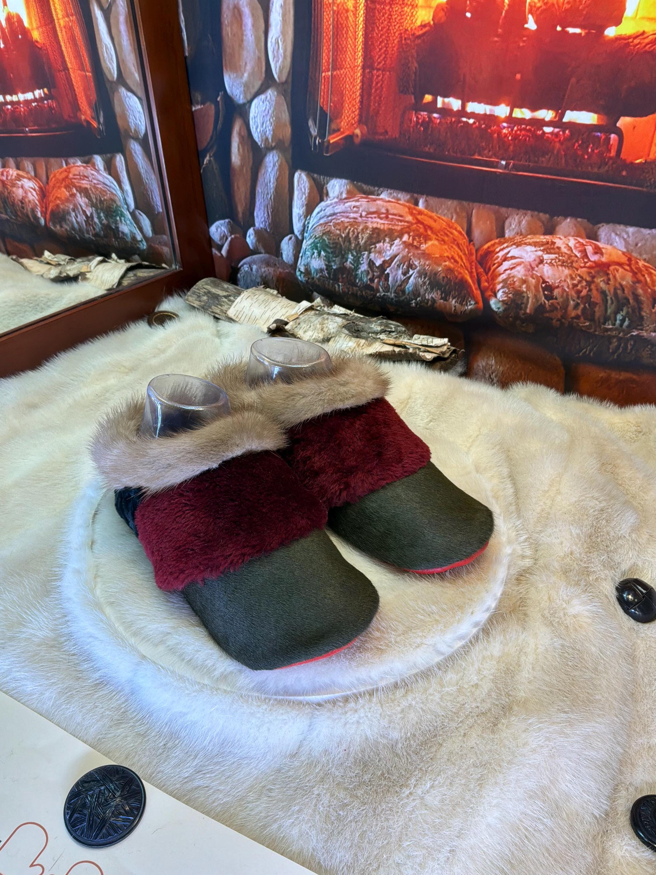 Slipper Eugénie pointure 7 femme – Sherling italien & cuir recyclé, pièce unique faite à la main au Québec