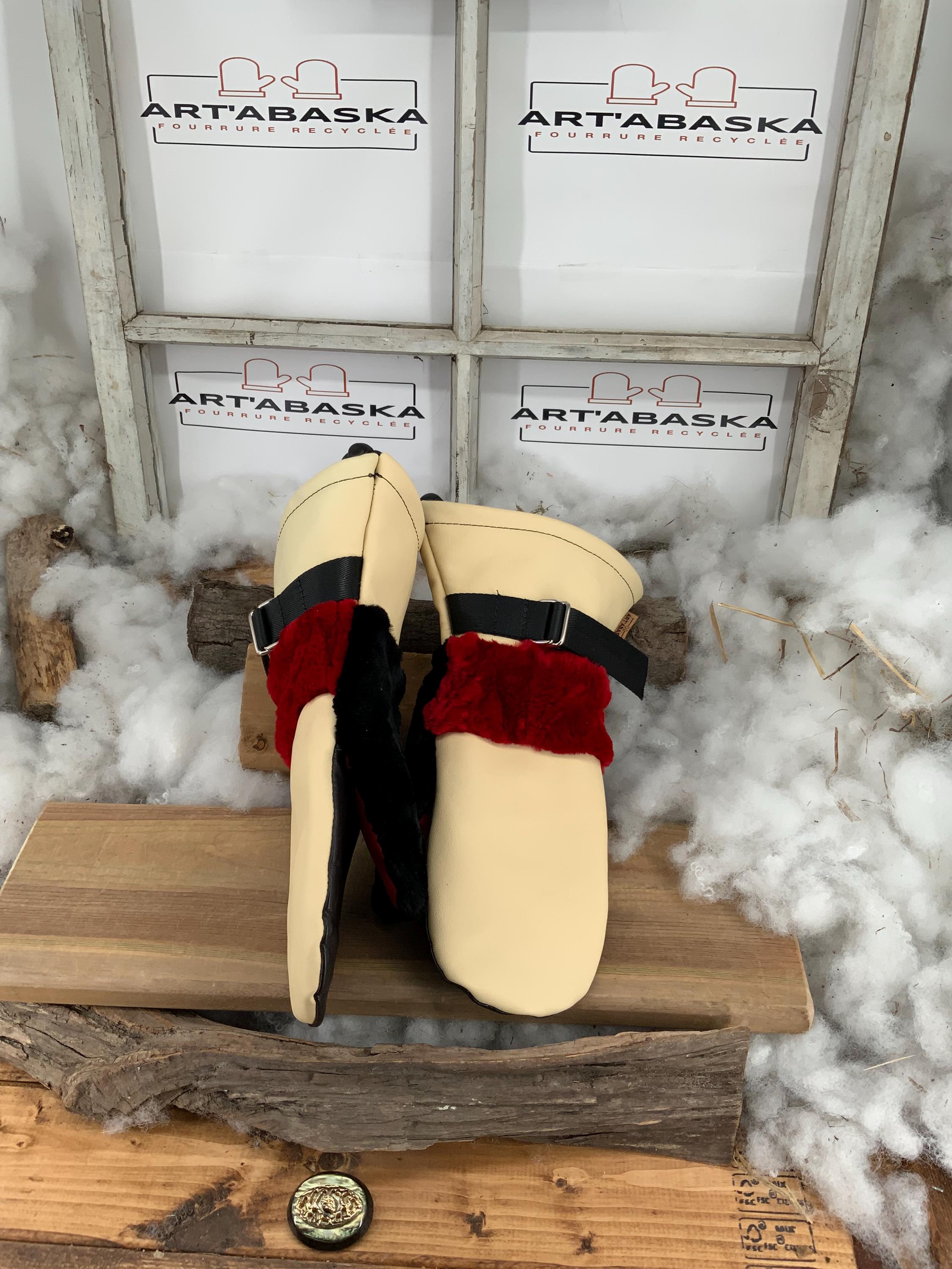 Mitaines Irène Medium - Cuir et fourrures recyclées vison noir et rouge, cuir crème et noir, pièce unique fait à la main Québec