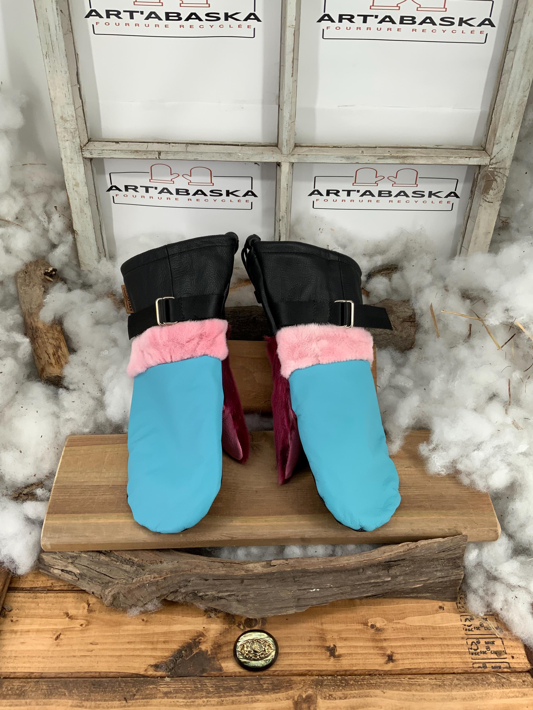 Mitaines Joséphine Medium - Cuir et fourrures recyclées vison rose et fuchsia, cuir noir rose et turquoise, fait à la main Québec