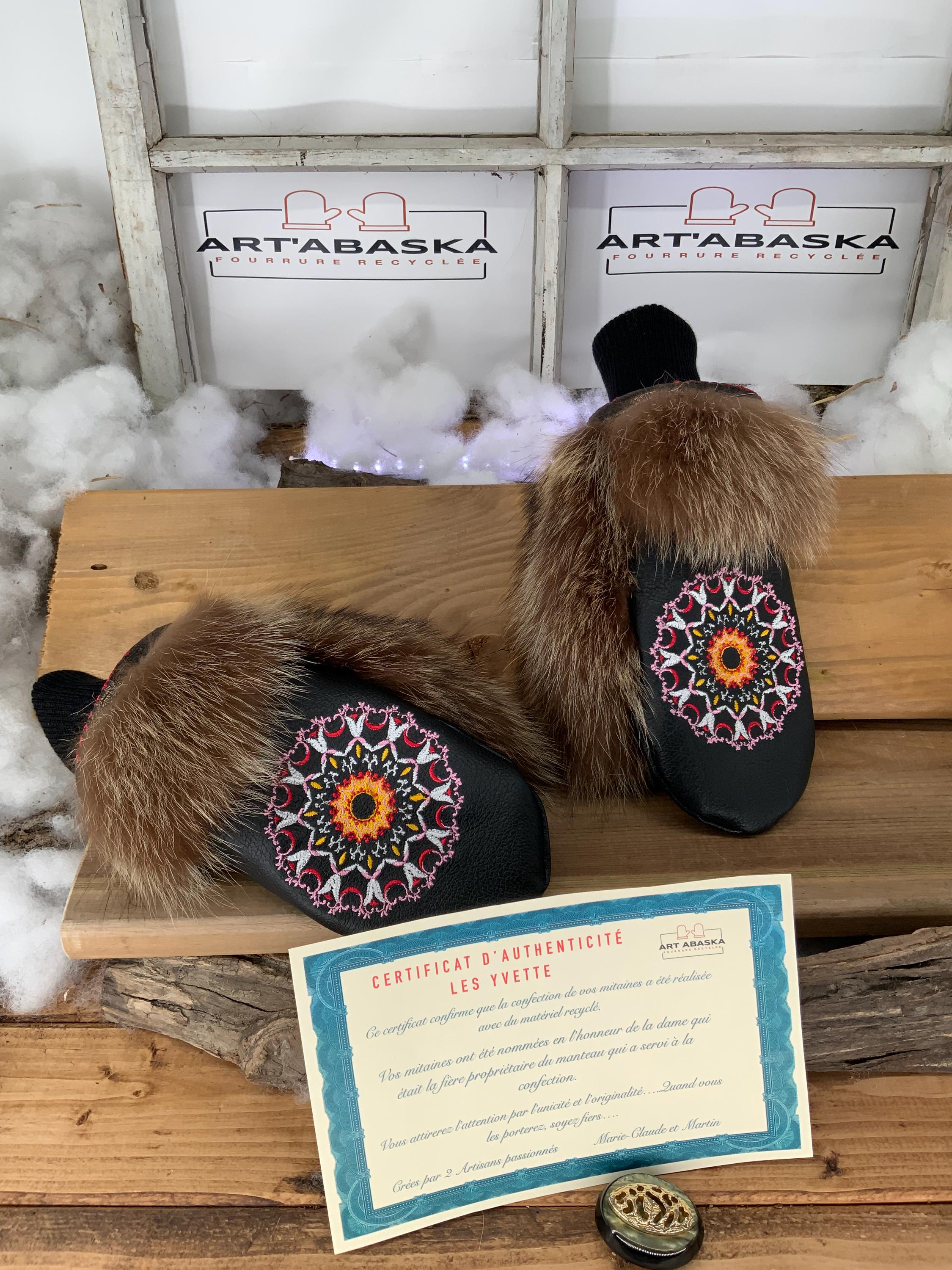 Mitaines de Ville en fourrure et cuir recyclés, Les Yvette Grandeur médium Edition Broderie.