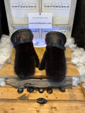 Mitaines hiver vison naturel & cuir italien rouge-noir | Mitaines fourrure recyclée fait à la main Québec | Modèle Alice X-Large