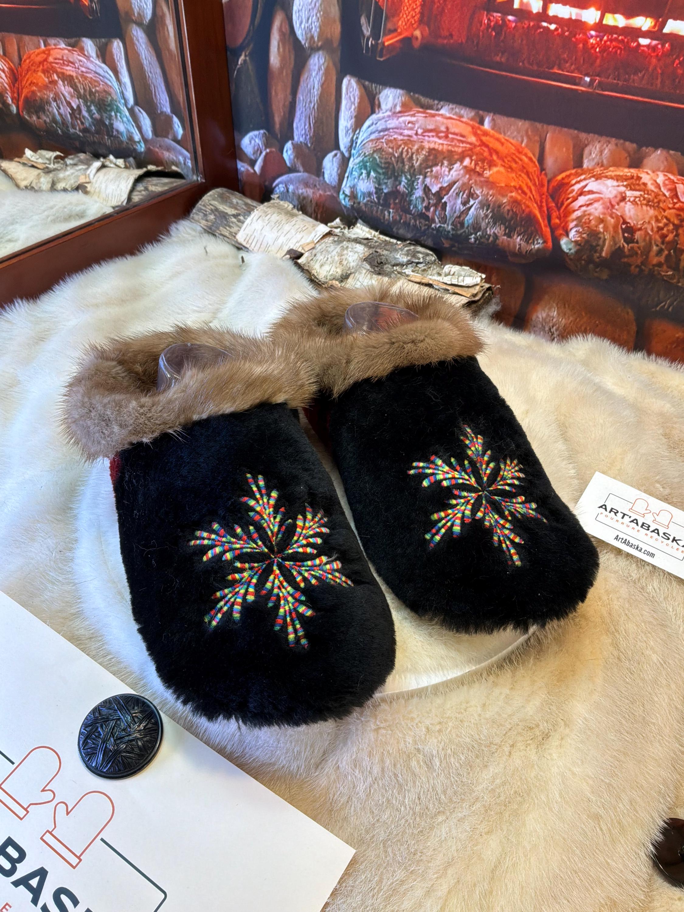 Slipper Alexina pointure 9 femme – Sherling italien & cuir recyclé, pièce unique faite à la main au Québec Édition Brodée