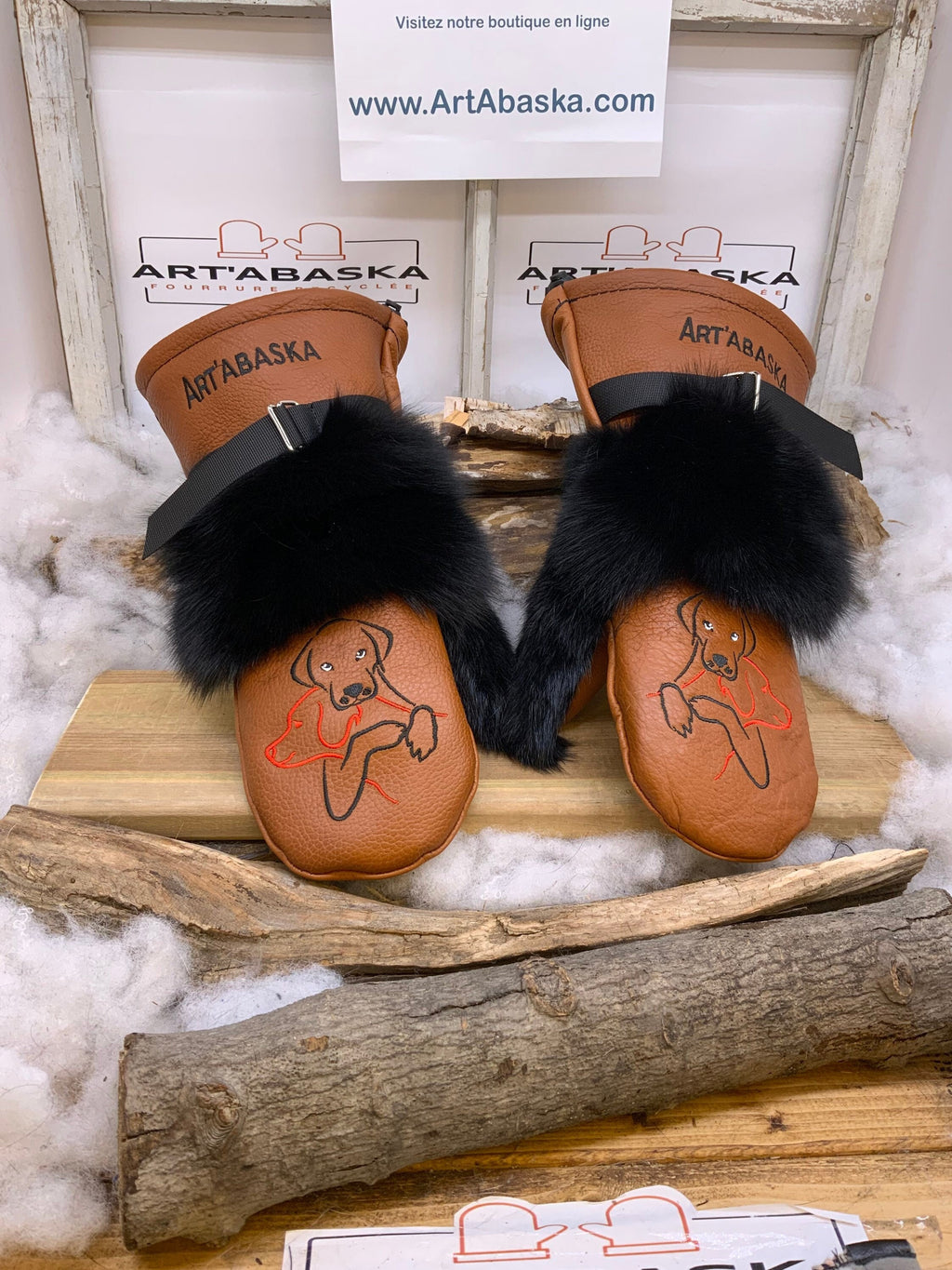 Mitaines Aline Large renard noir patchwork vison noir cuir orange brulé édition amour de chiens ArtAbaska fait main Québec