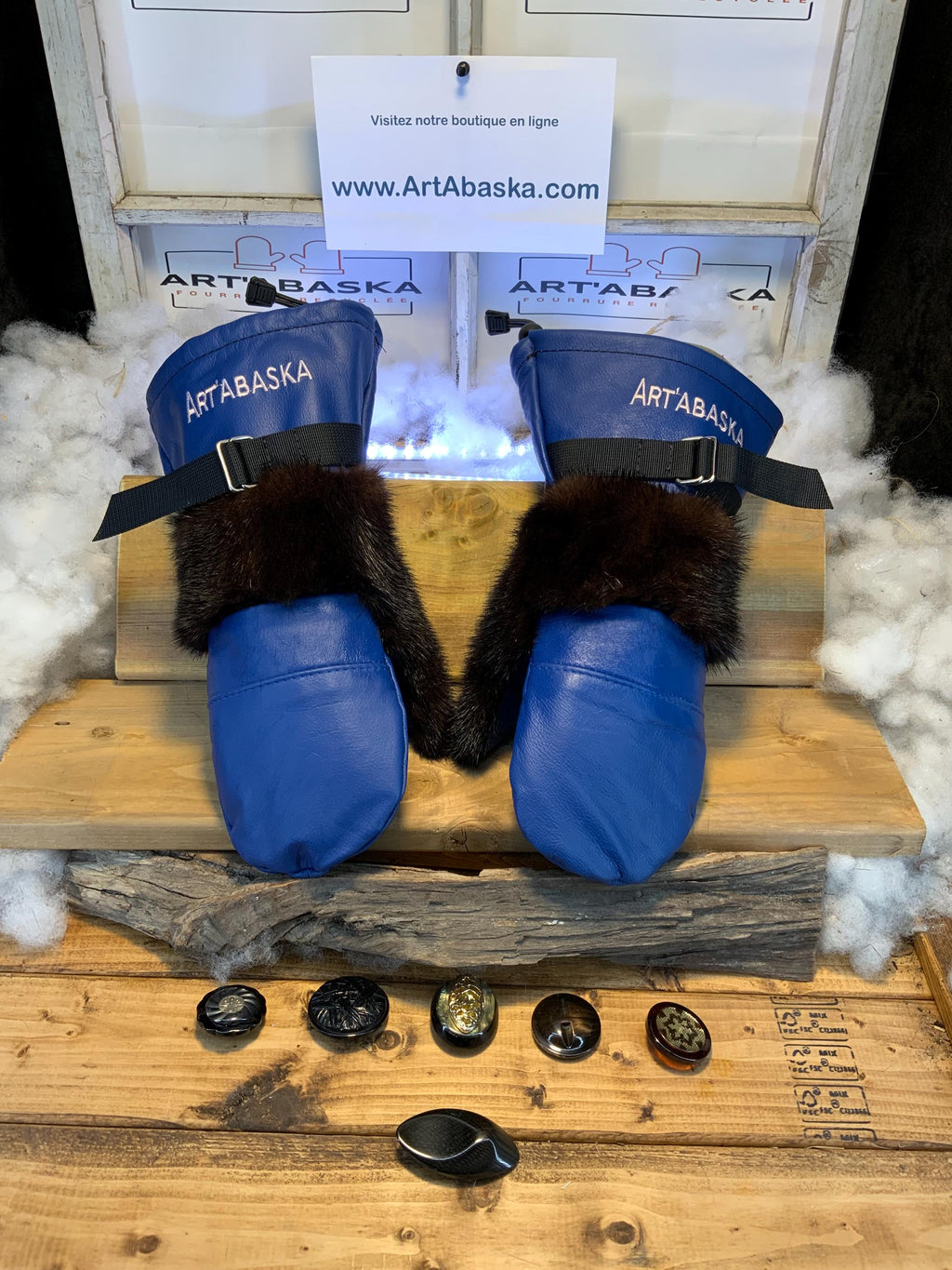 Mitaines Eugenie Large cuir bleu royal recycle avec vison brun naturel fait main piece unique Quebec