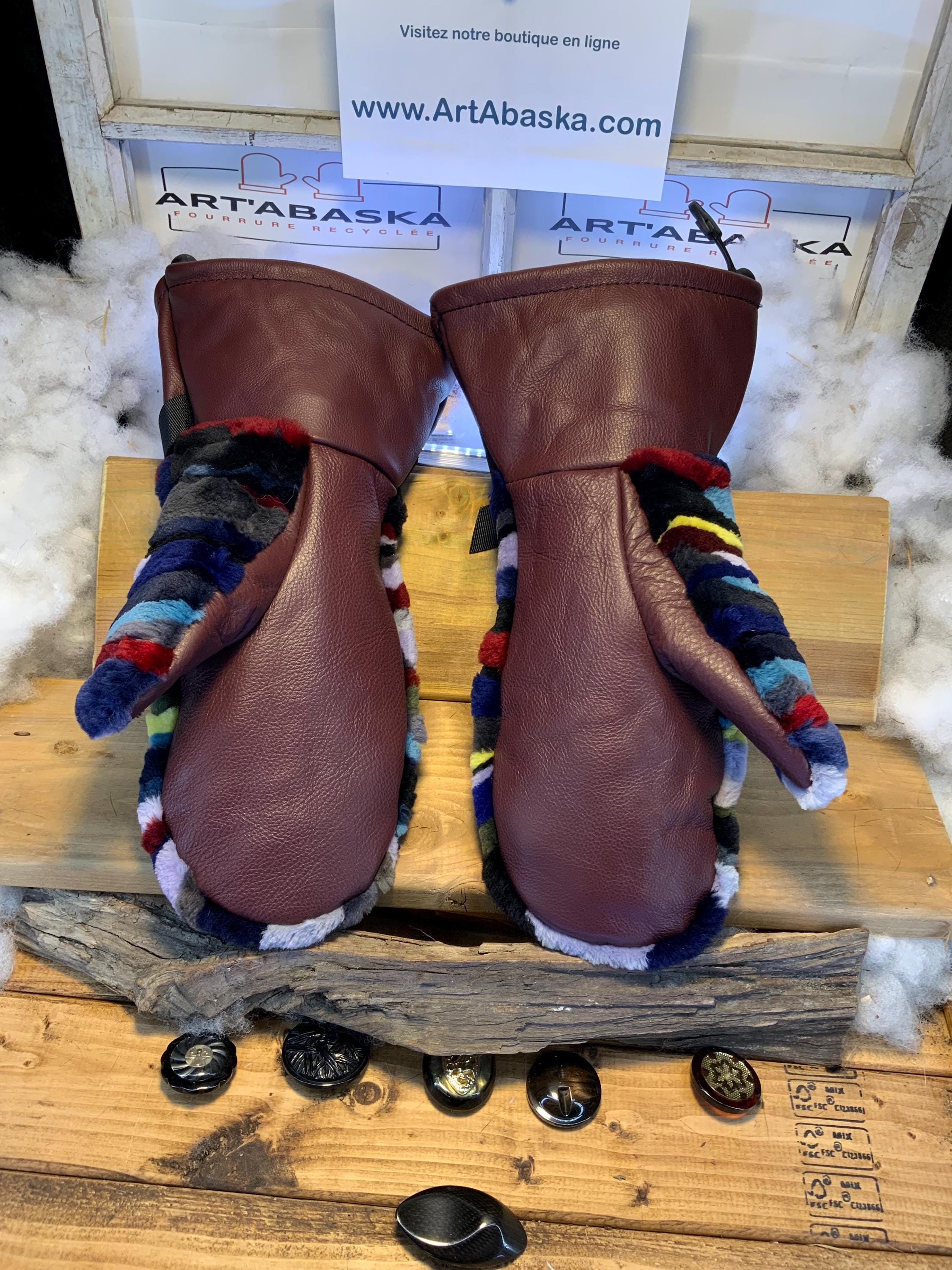 Mitaines Lynda X-Large patchwork renard recyclé multicolore cuir bourgogne italien fait à la main au Québec artisanal unique