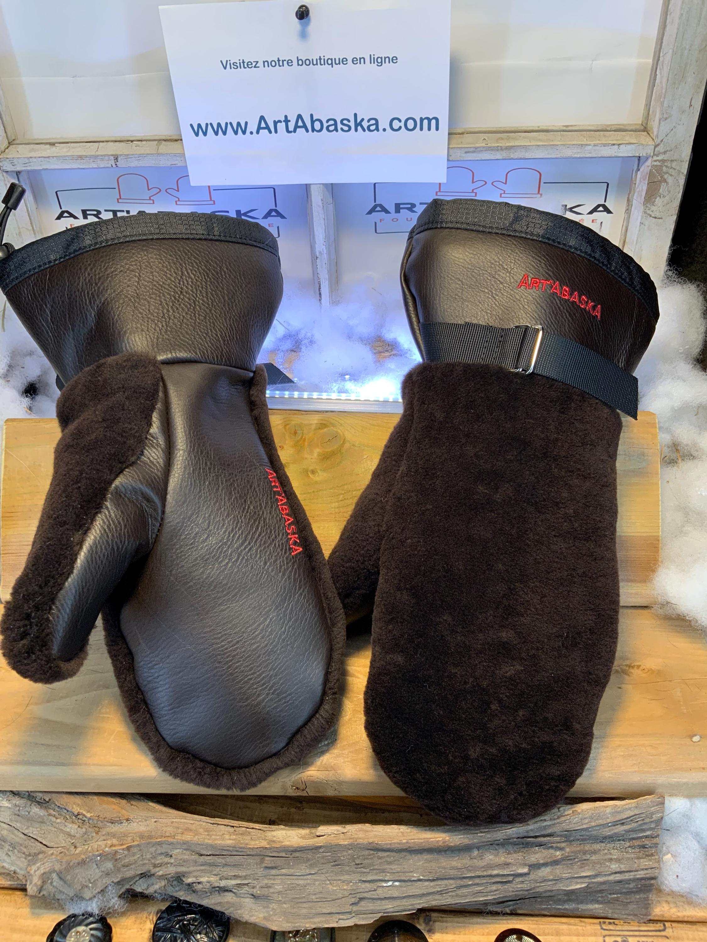 Mitaines Maryse XLarge mouton rasé brun chocolat cuir italien brun intérieur végane fait main Québec pièce unique chaude durable