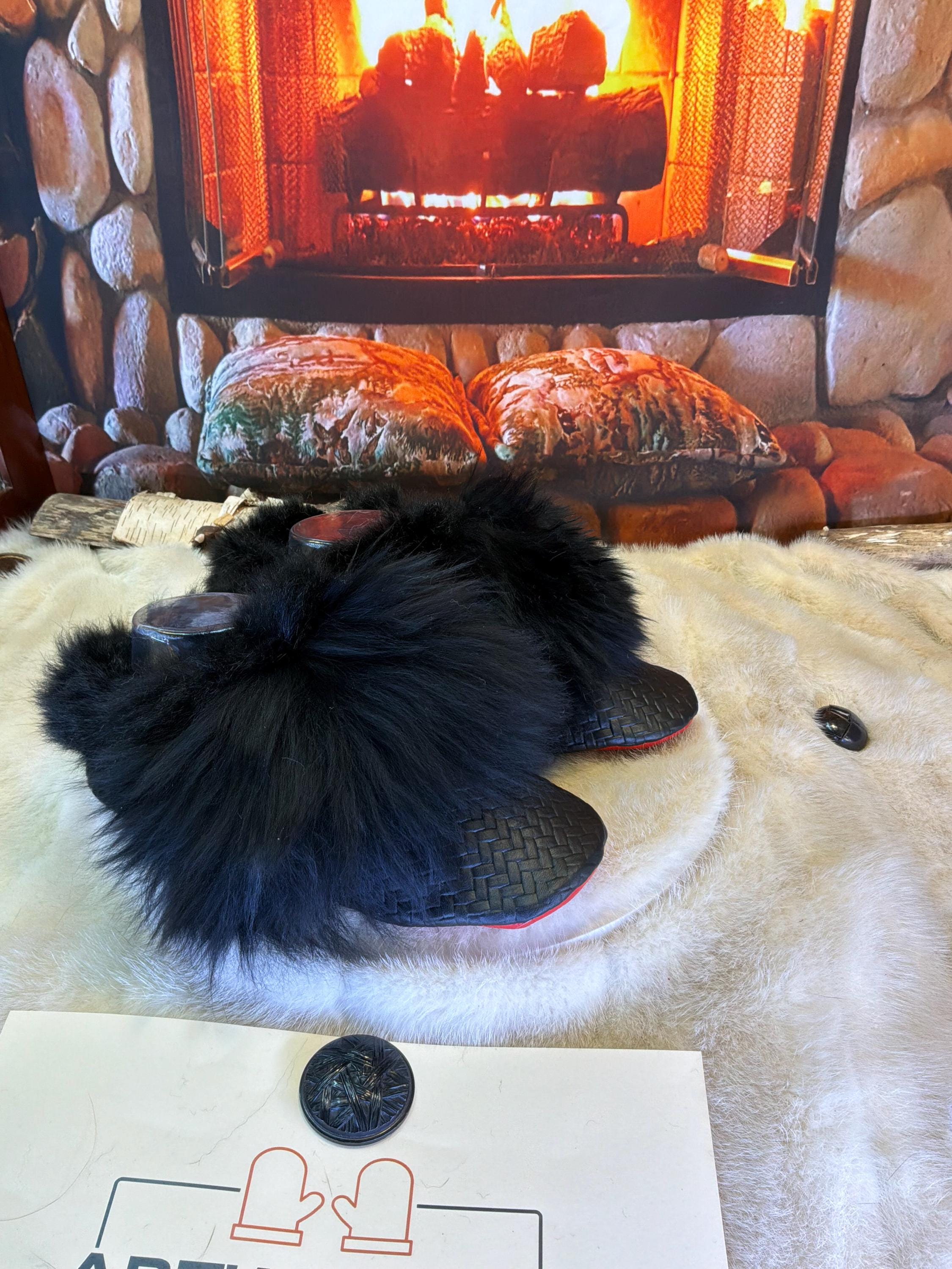 Slipper Gervaise pointure 8 femme – Sherling italien & cuir recyclé, pièce unique faite à la main au Québec