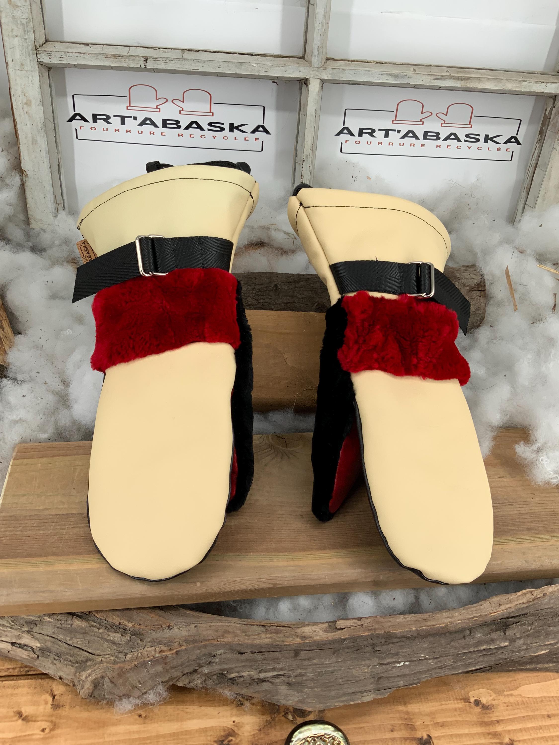Mitaines Irène Medium - Cuir et fourrures recyclées vison noir et rouge, cuir crème et noir, pièce unique fait à la main Québec