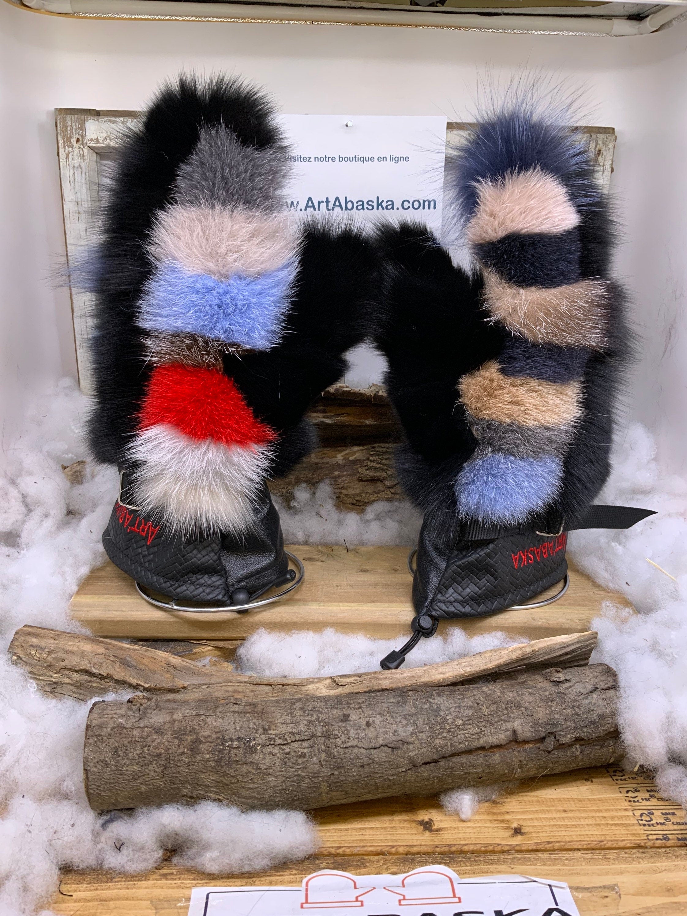 Mitaines Christiane X Large – Patchwork renard recyclé, cuir noir & rouge – Artisanat unique Québec