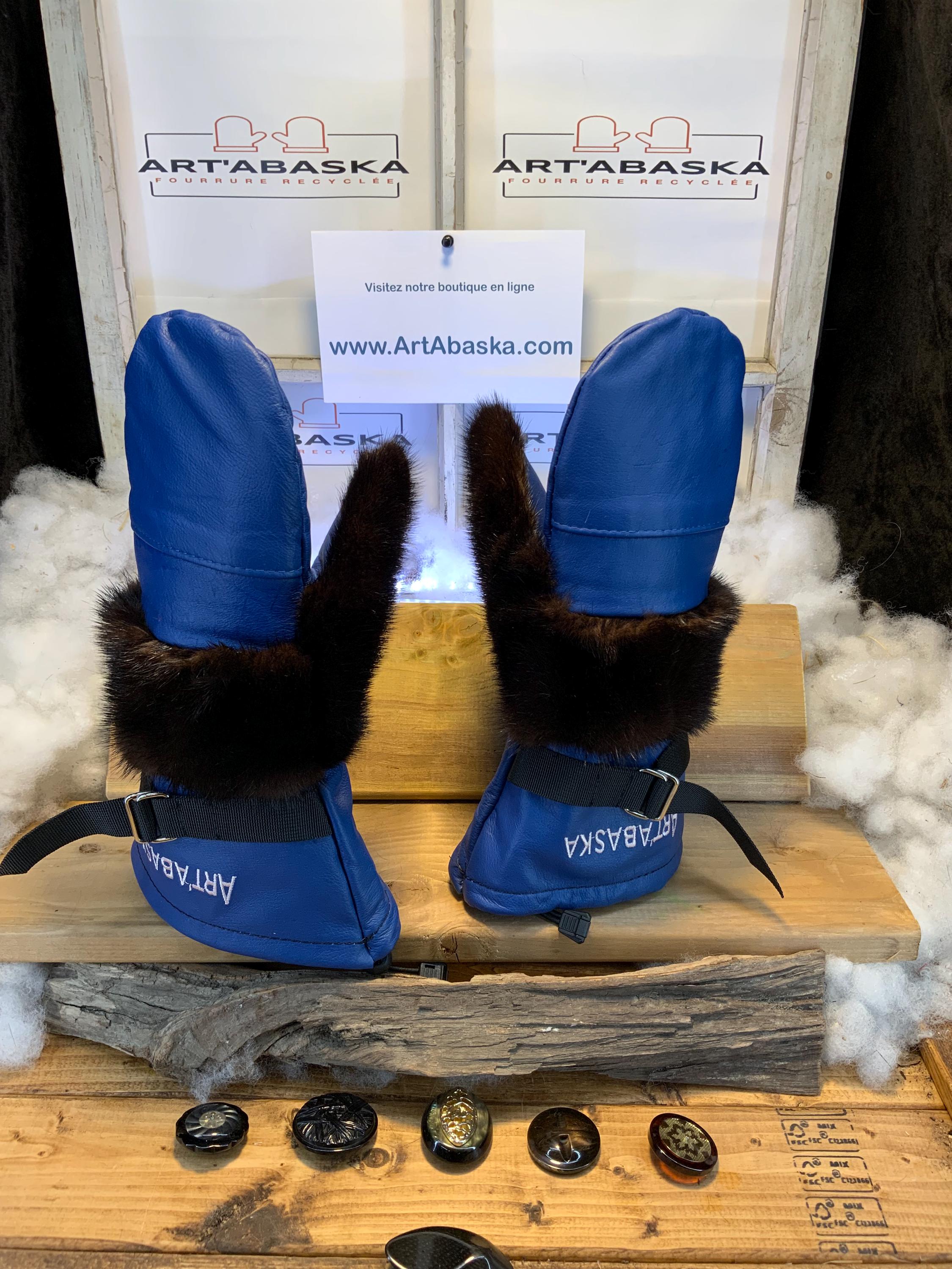 Mitaines Eugenie Large cuir bleu royal recycle avec vison brun naturel fait main piece unique Quebec