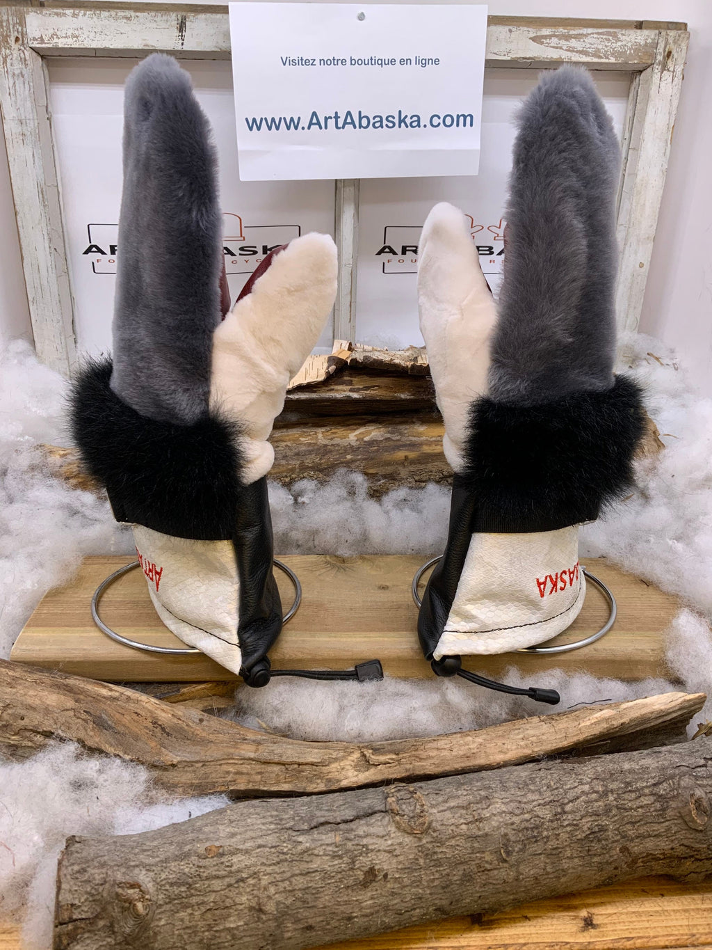 Mitaines Éliane Large mouton rasé gris bleu vison blanc opossum noir cuir embossé crème bourgogne recyclé fait main Québec