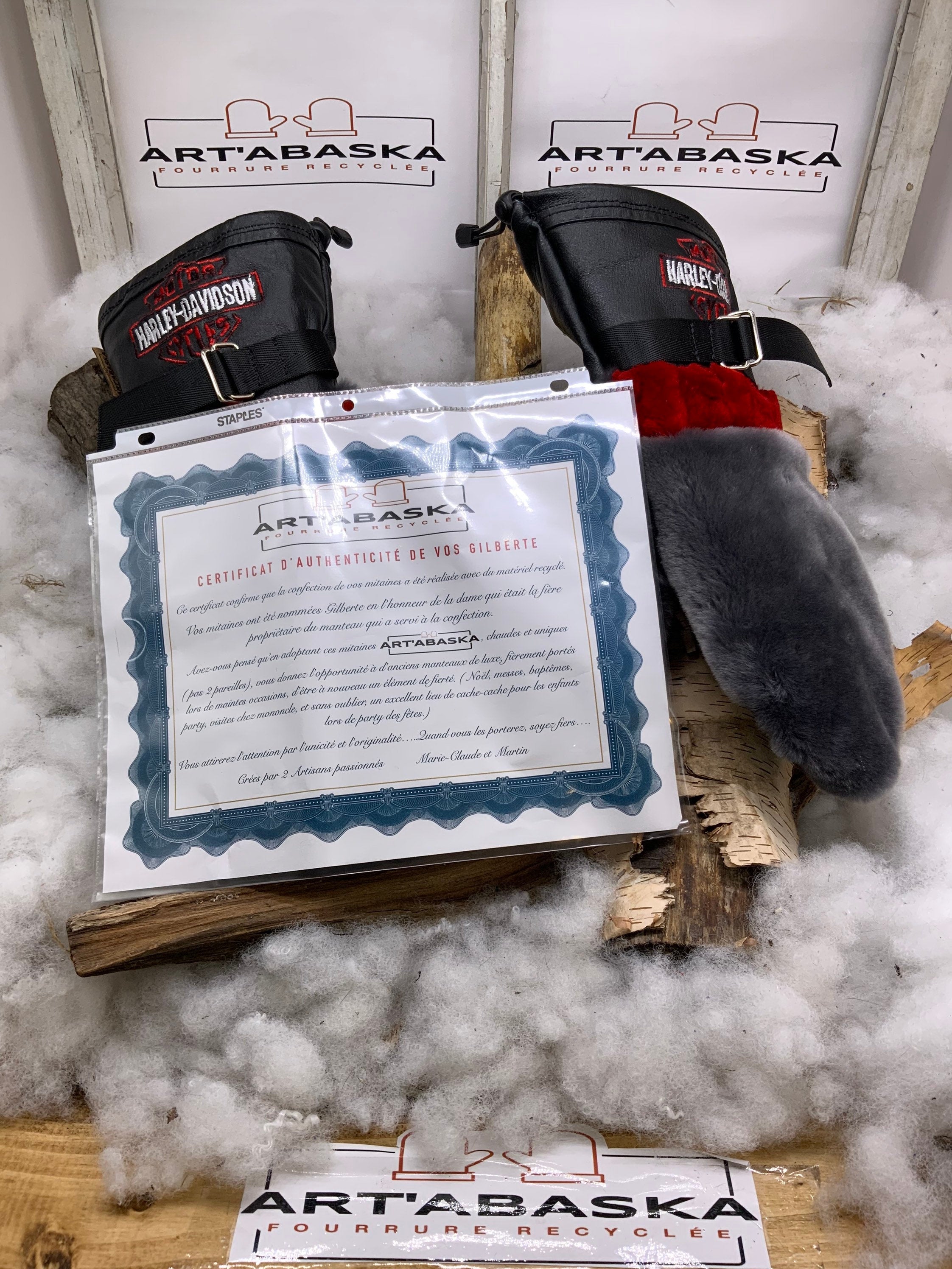 Mitaines Gilberte Harley-Davidson cuir noir rouge mouton rasé recyclé brodé Large fait à la main Québec édition unique biker