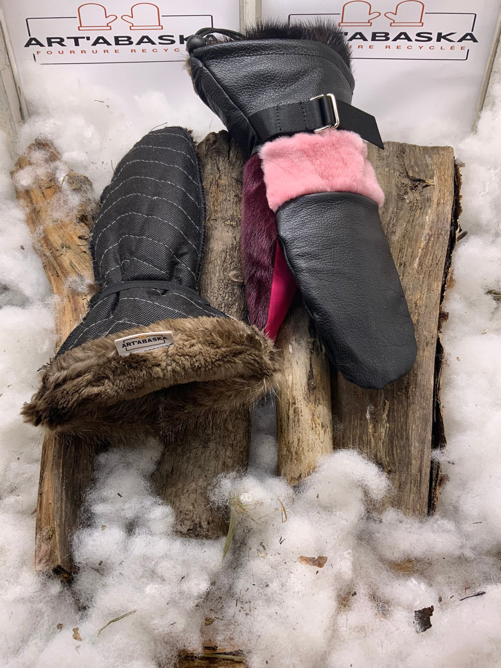 Mitaines Les Georgette – Medium, vison rose et fuchsia, cuir turquoise et brun, fait à la main, fourrure intérieure, Québec