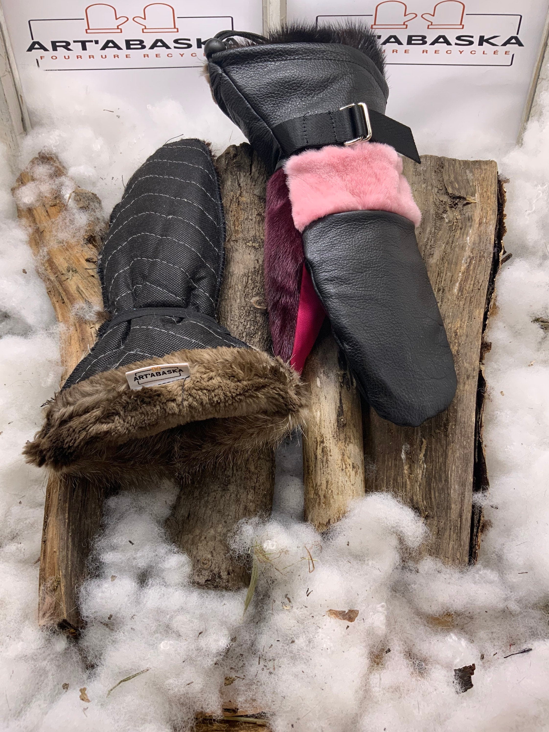 Mitaines Les Georgette – Medium, vison rose et fuchsia, cuir turquoise et brun, fait à la main, fourrure intérieure, Québec