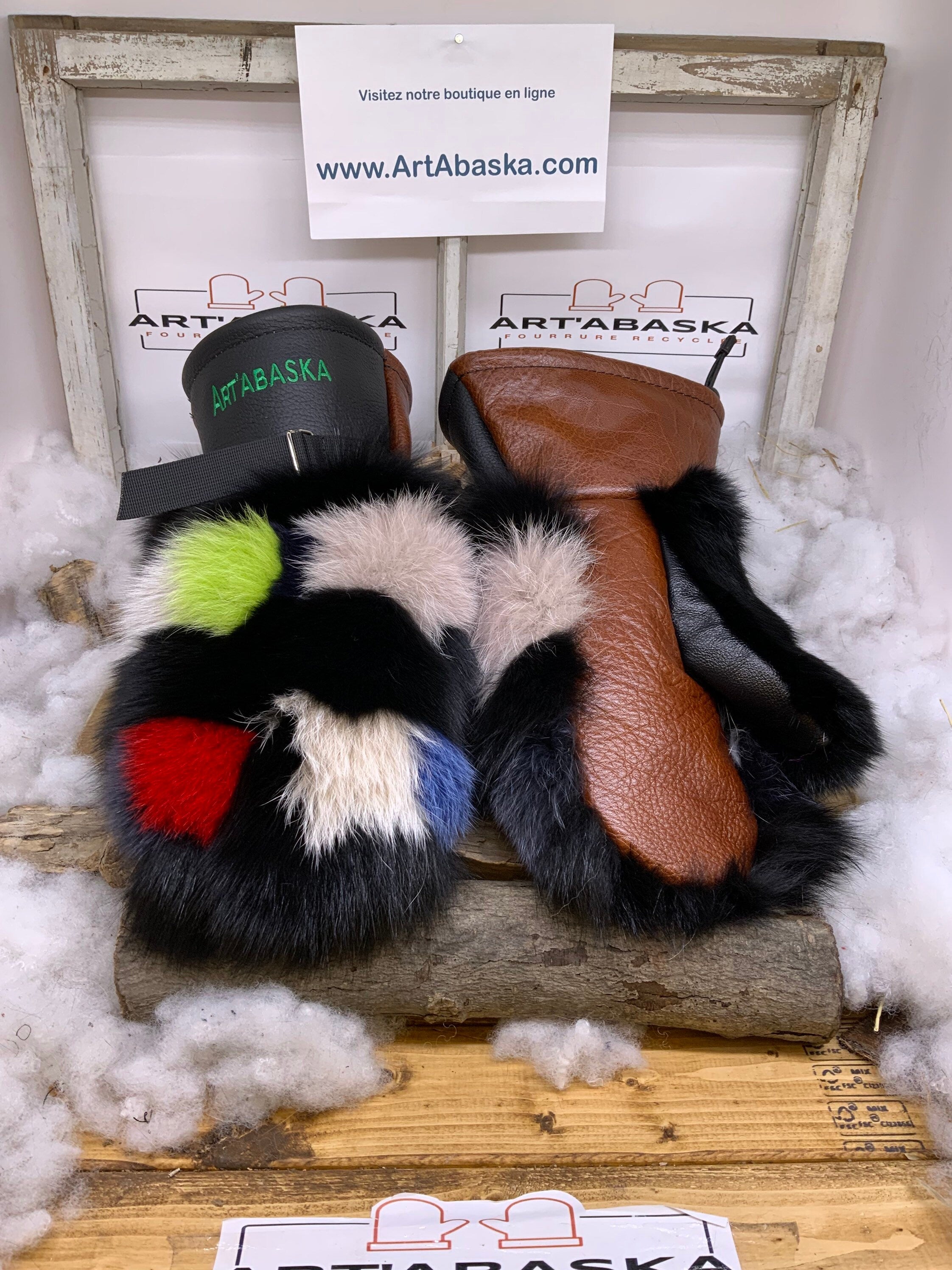 Mitaines Anette X Large – Patchwork renard recyclé, Renard coloré cuir brun-noir – Œuvre artisanale unique Québec