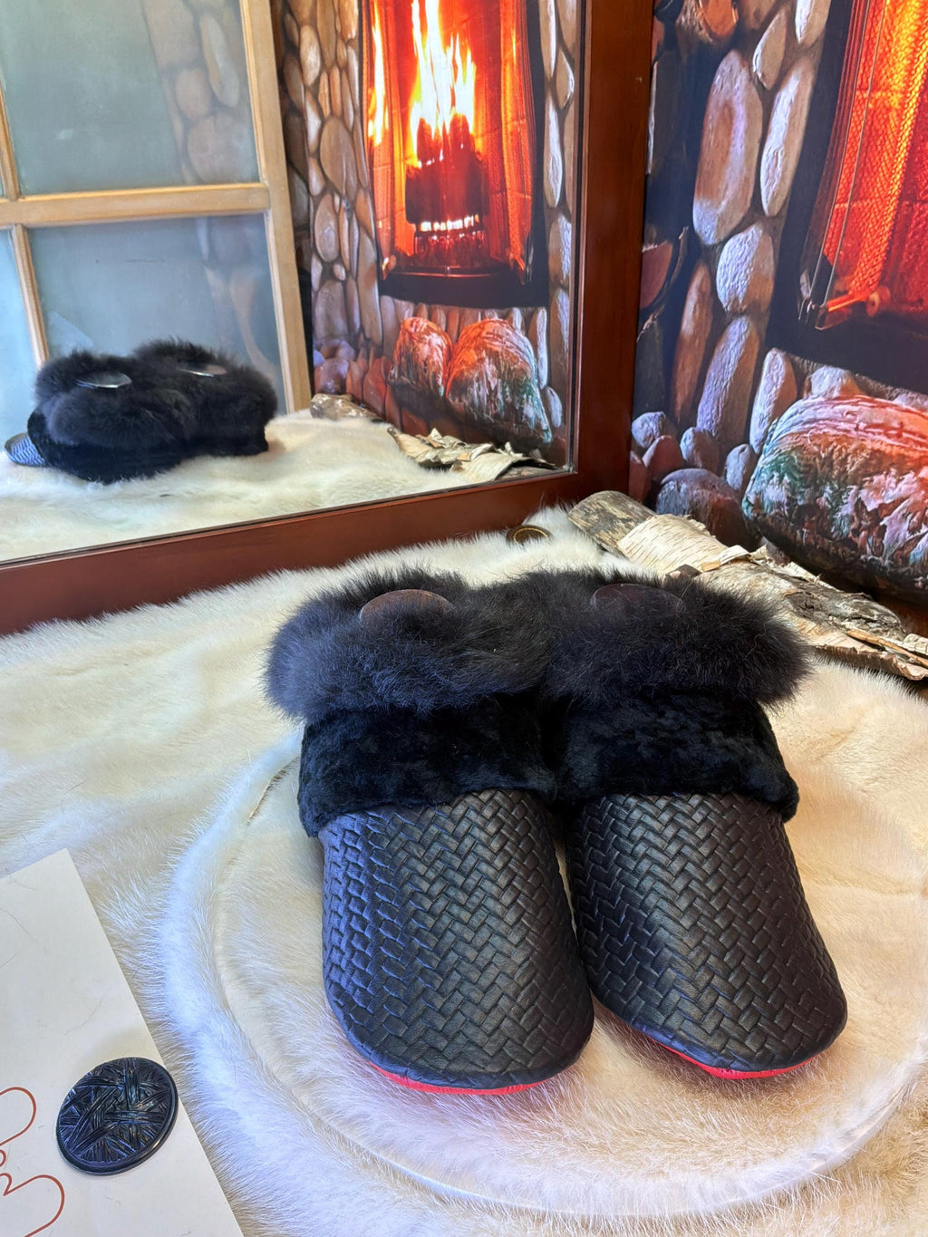 Slipper Ophélia pointure 8 femme – Sherling italien & cuir recyclé, pièce unique faite à la main au Québec