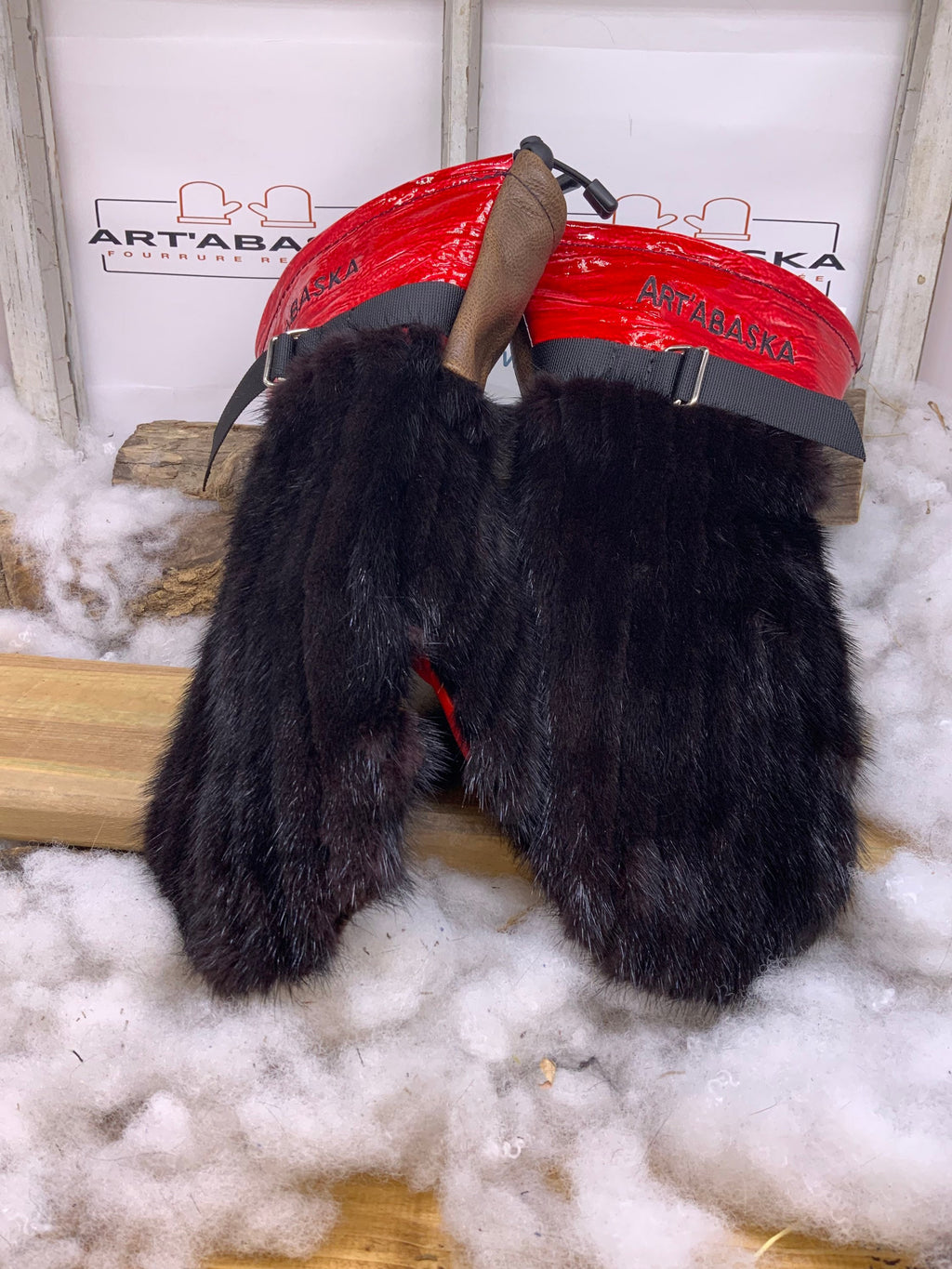 Mitaines XL Mauricette – Vison brun & cuir recyclé rouge antique, intérieur amovible feutre polar, fait à la main, Québec