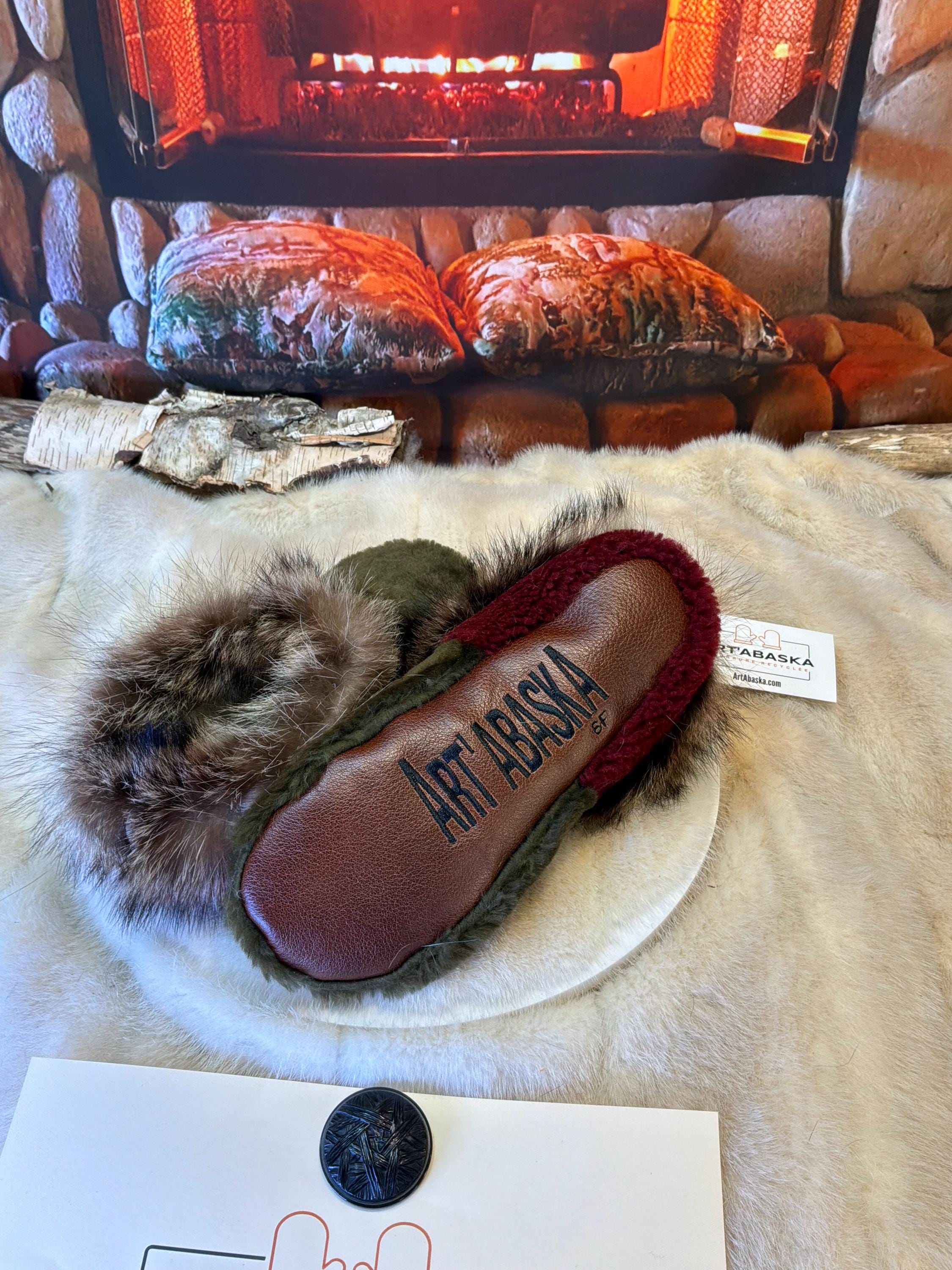 Slipper Fleurette pointure 6 femme – Sherling italien & cuir recyclé, pièce unique faite à la main au Québec