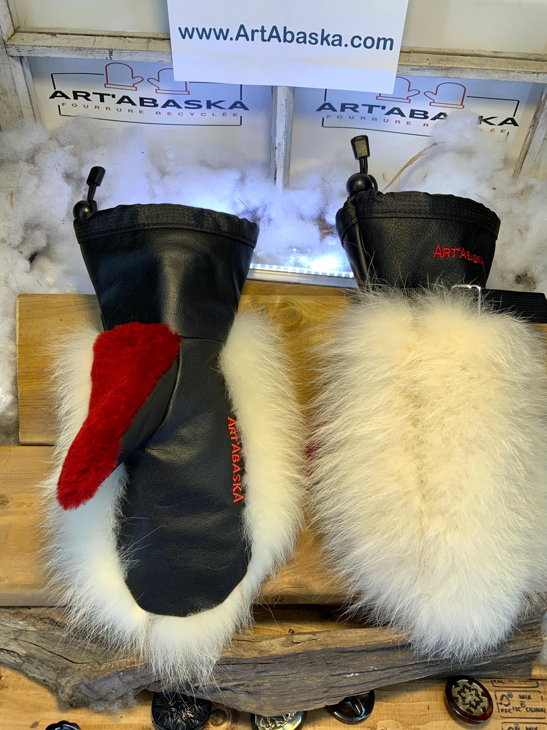 Mitaines Berthe Medium – renard norvégien blanc recyclé & mouton rasé rouge, cuir italien noir, fait à la main, Québec