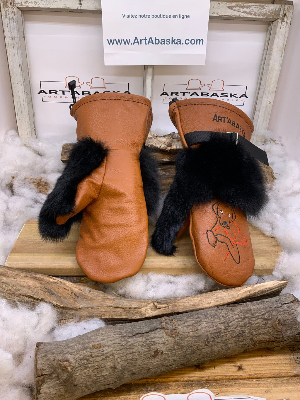 Mitaines Aline Large renard noir patchwork vison noir cuir orange brulé édition amour de chiens ArtAbaska fait main Québec