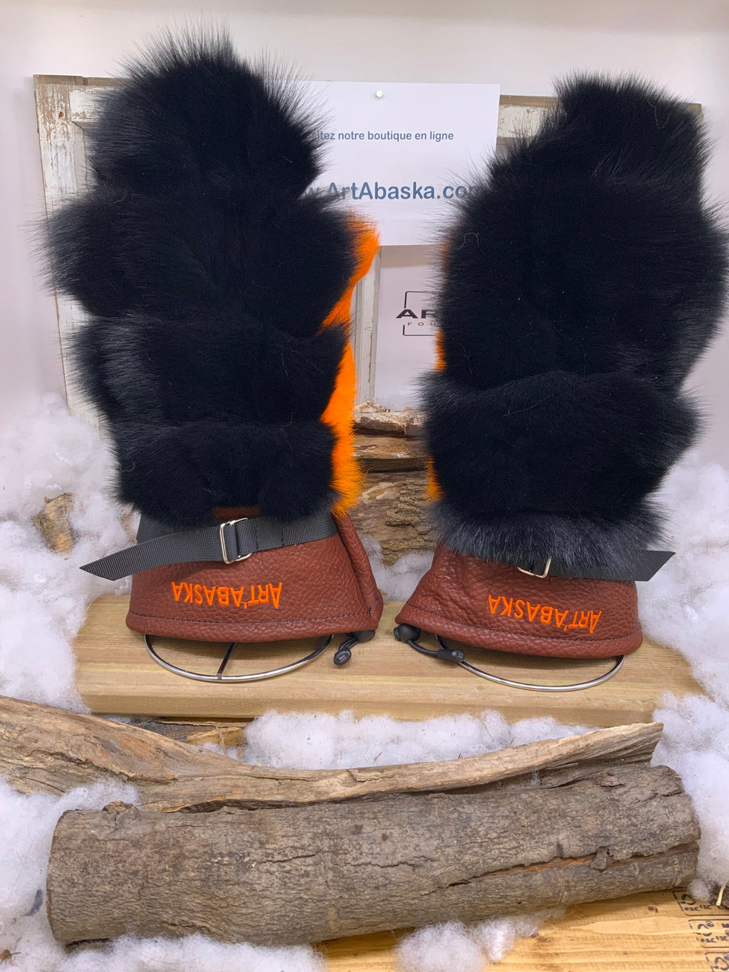 Mitaines Veronique X Large patchwork renard recycle noir lapin orange cuir bourgogne artisanal Quebec piece unique