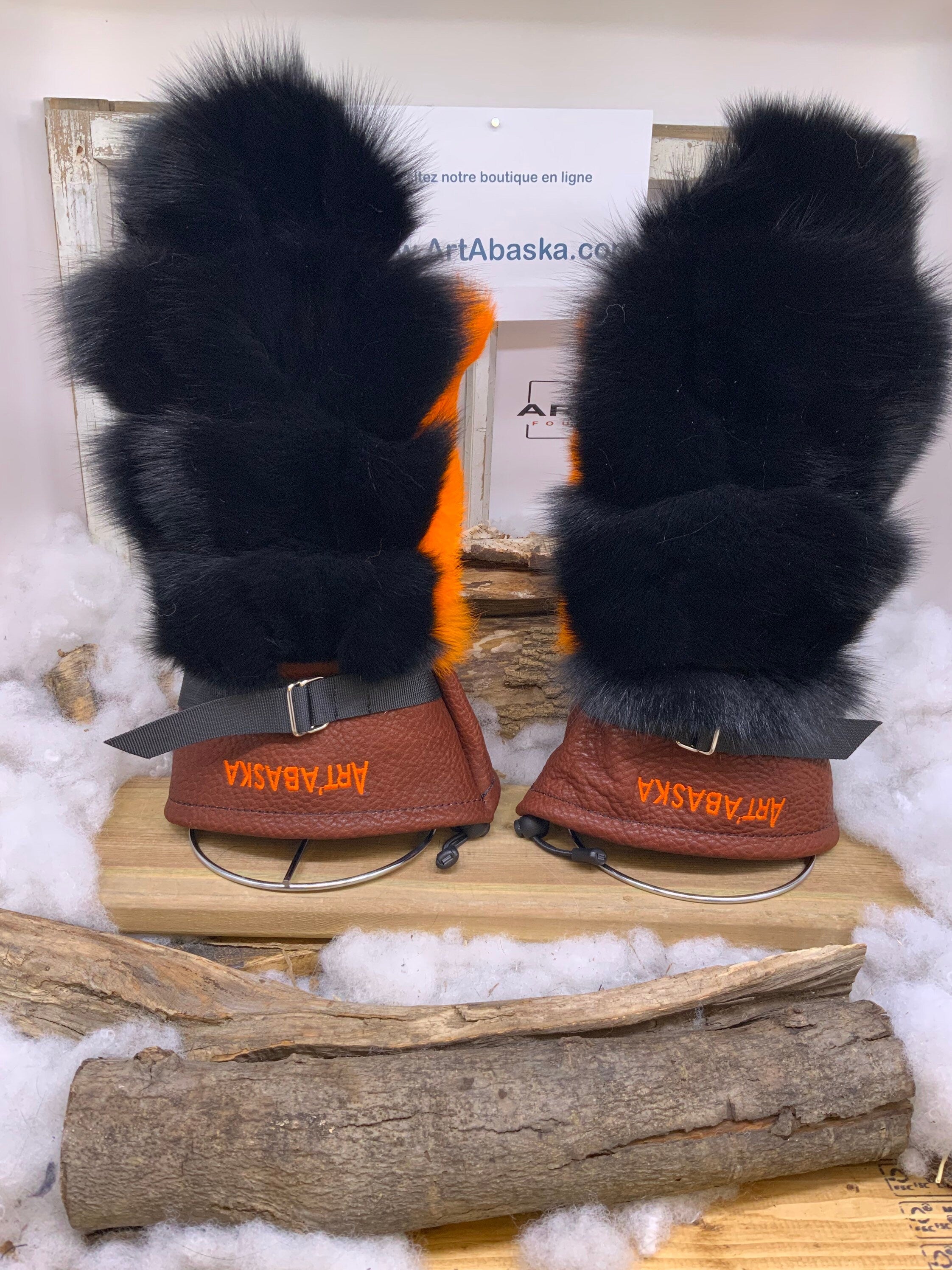 Mitaines Veronique X Large patchwork renard recycle noir lapin orange cuir bourgogne artisanal Quebec piece unique