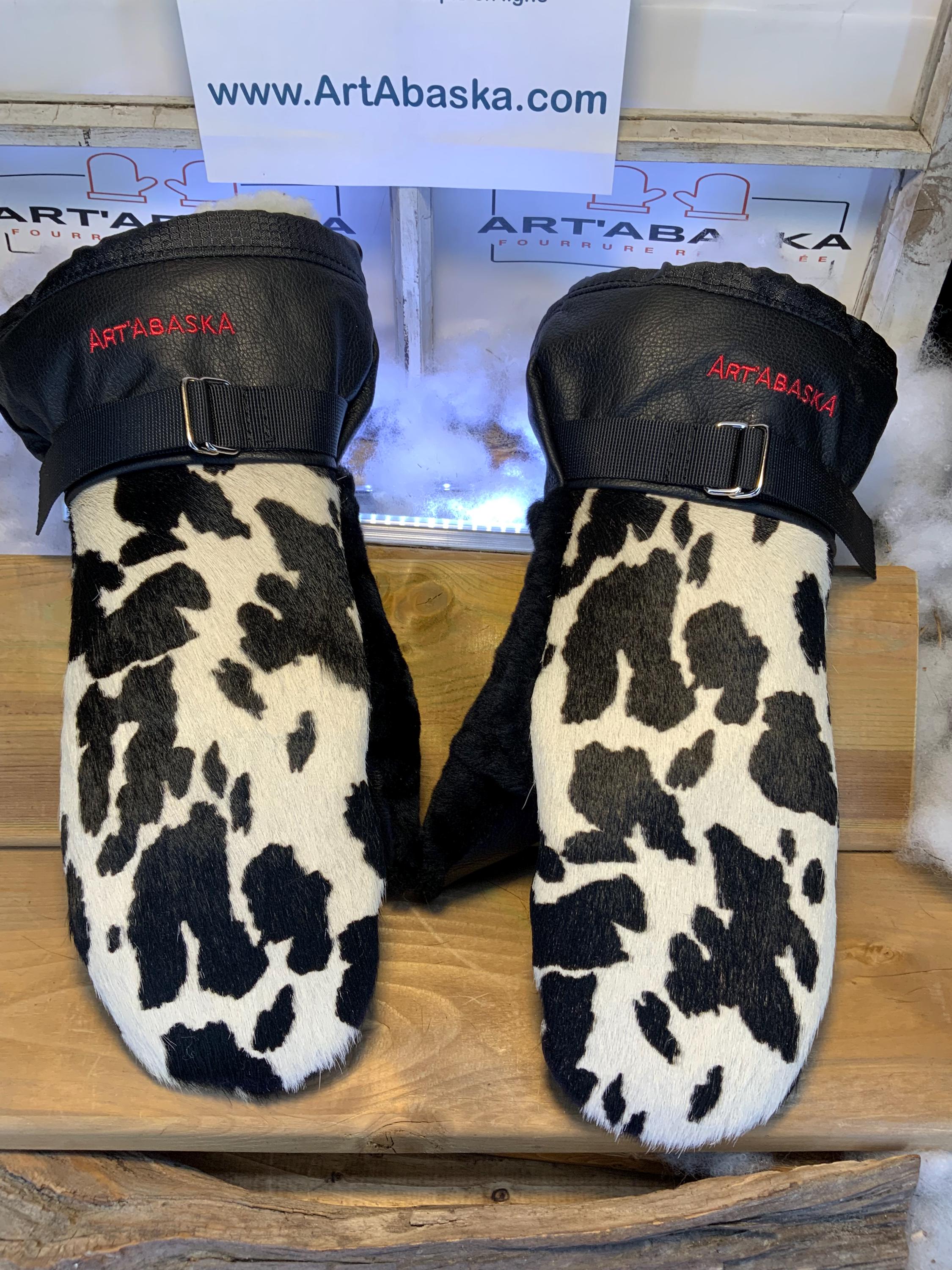 Mitaines hiver peau de vache & cuir italien noir | Mitaines fourrure recyclée mouton rasé | Fait à la main Québec | Modèle Carmen X-Large