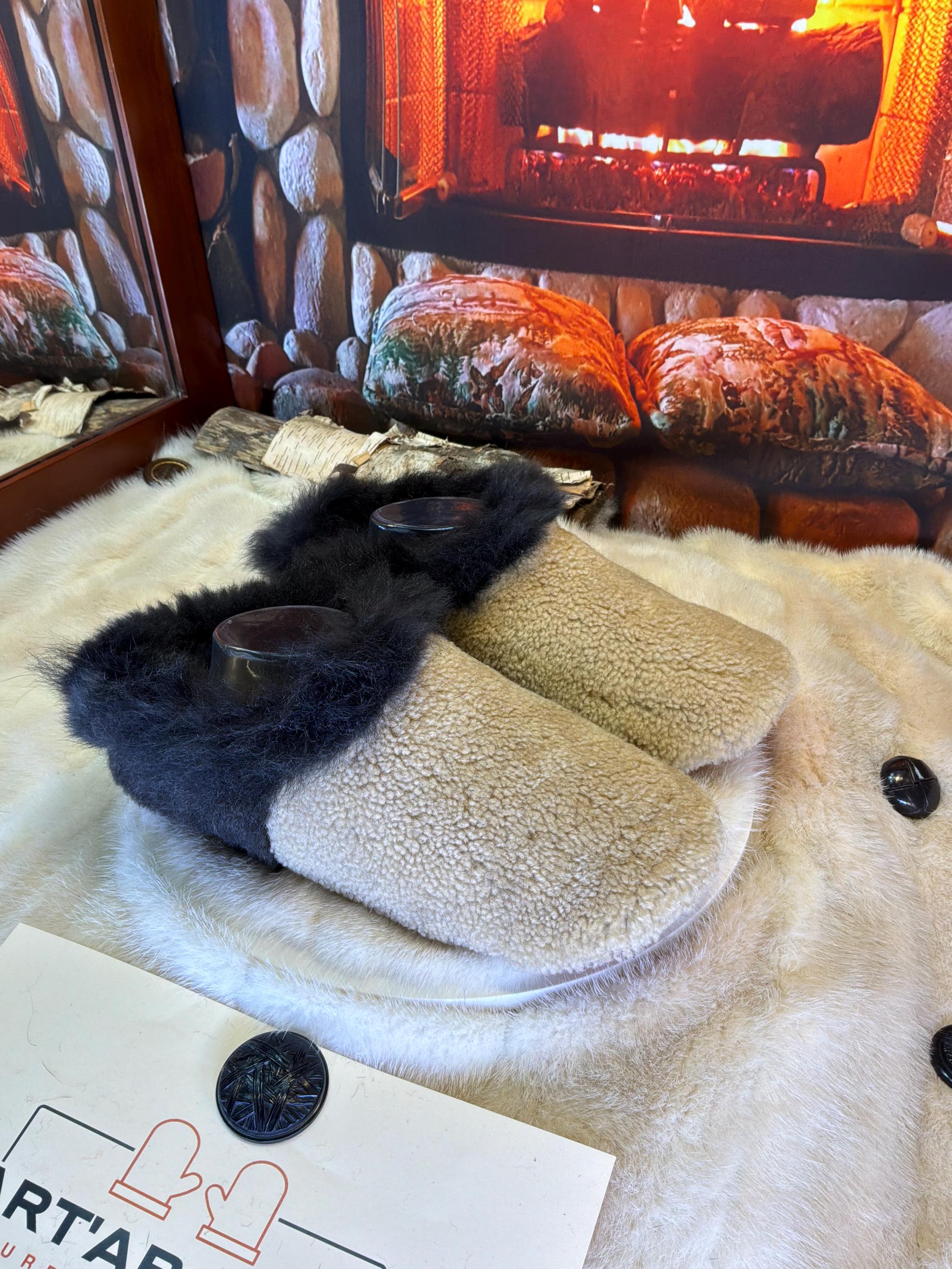 Slipper Rosanne pointure 10 femme – Sherling italien & cuir recyclé, pièce unique faite à la main au Québec