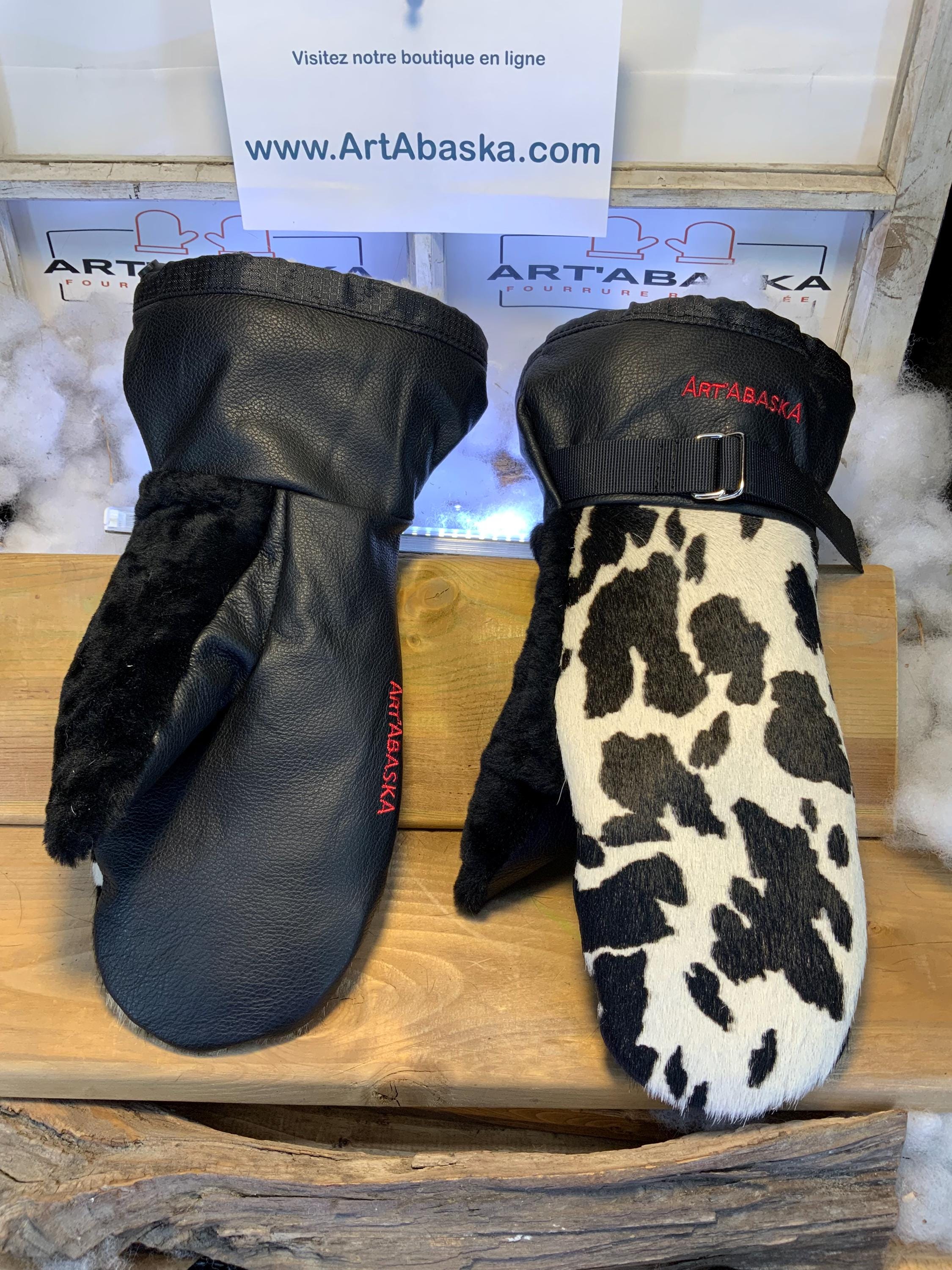 Mitaines hiver peau de vache & cuir italien noir | Mitaines fourrure recyclée mouton rasé | Fait à la main Québec | Modèle Carmen X-Large