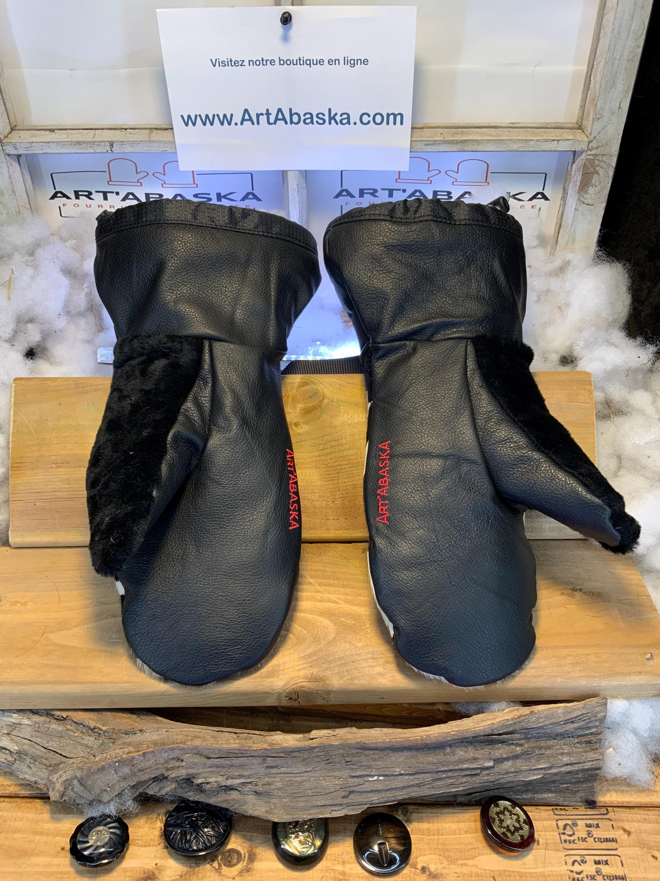 Mitaines hiver peau de vache & cuir italien noir | Mitaines fourrure recyclée mouton rasé | Fait à la main Québec | Modèle Carmen X-Large