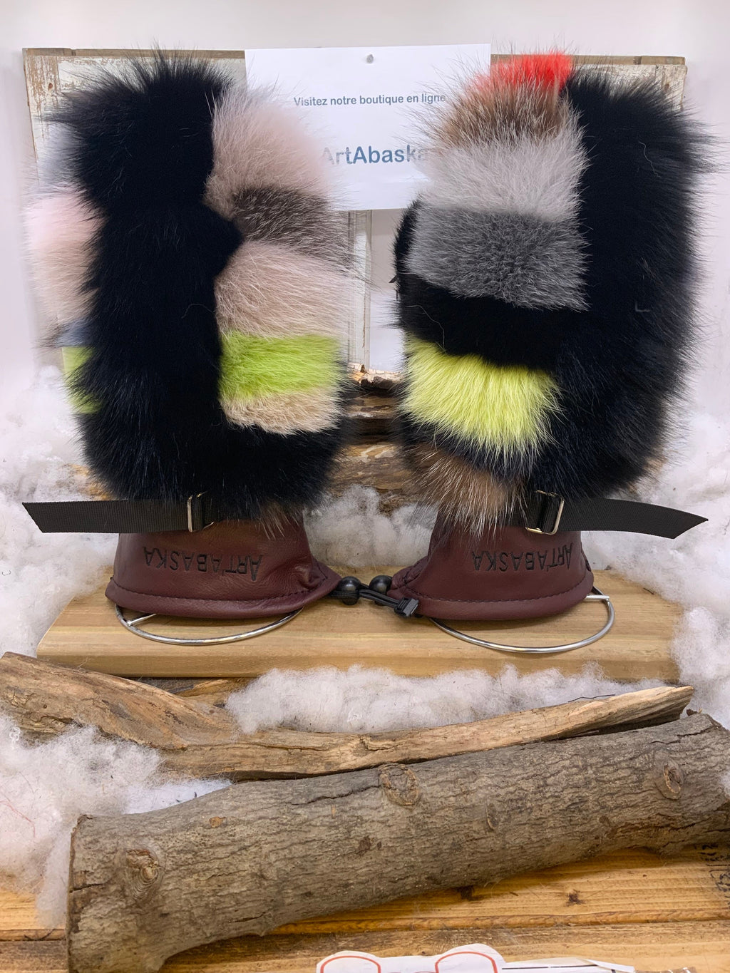 Mitaines Thérèse Large – Édition Patchwork de Luxe renard et lapin recyclés avec cuir bourgogne – fait main Québec