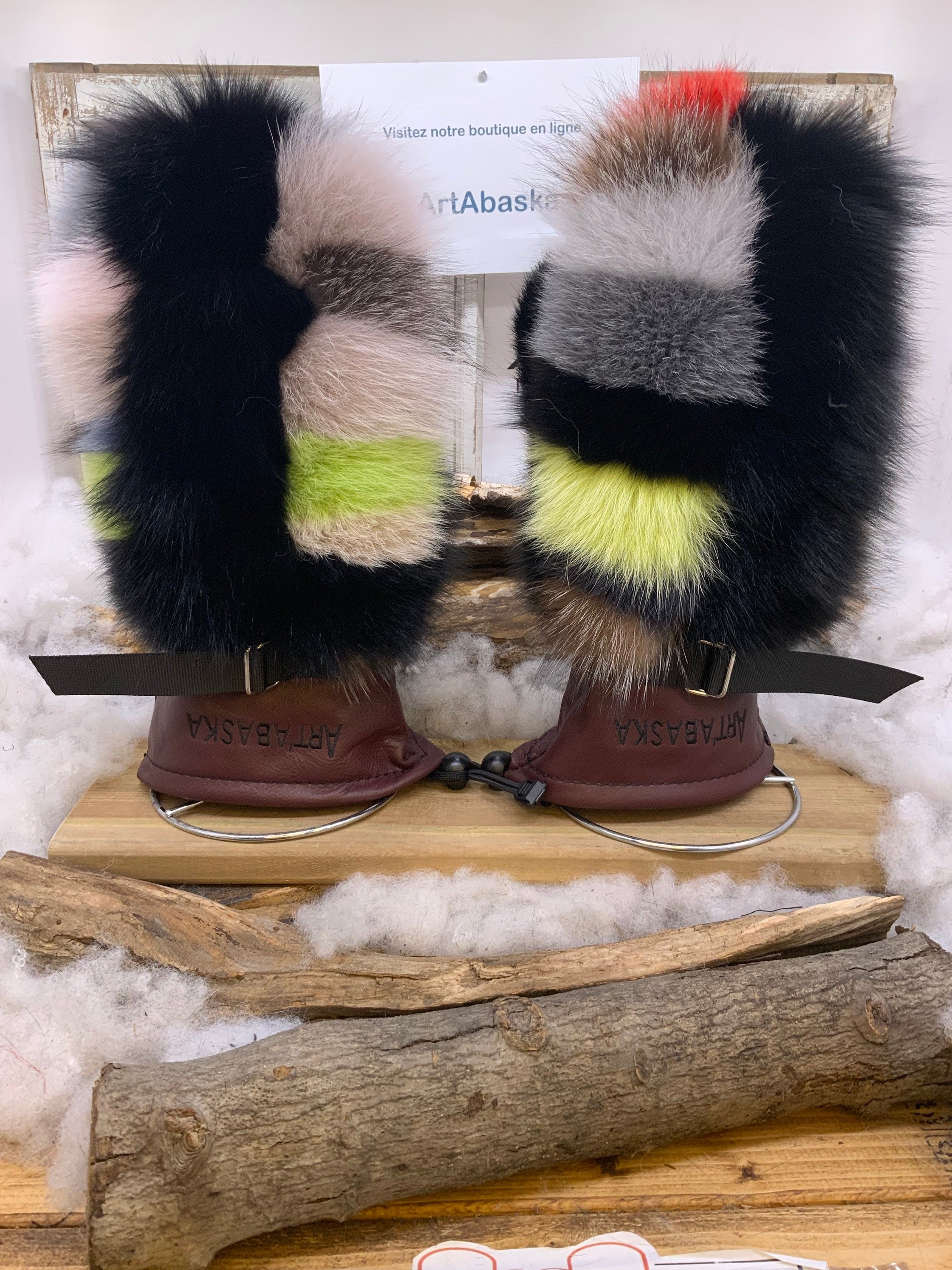 Mitaines Thérèse Large – Édition Patchwork de Luxe renard et lapin recyclés avec cuir bourgogne – fait main Québec