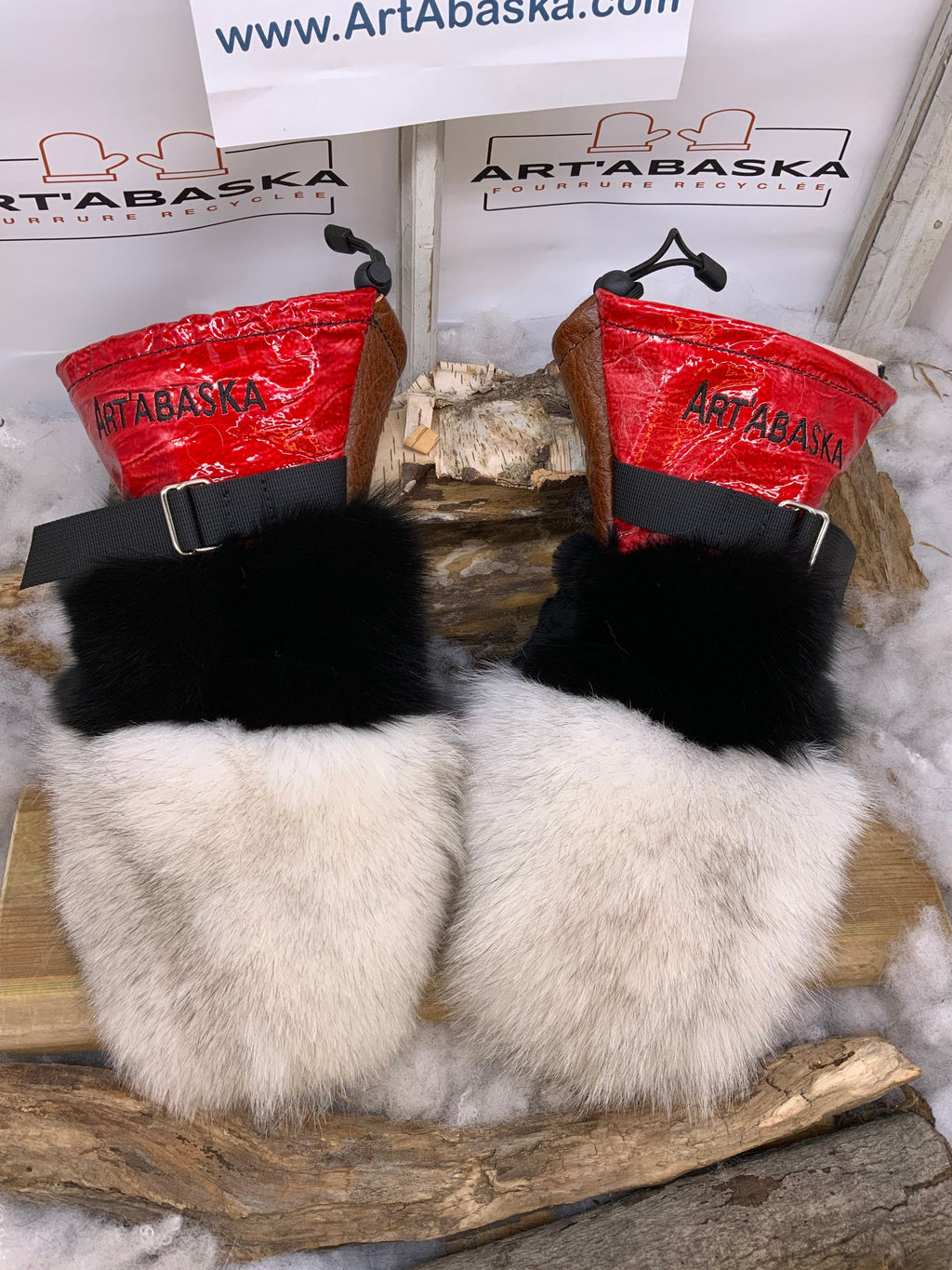 Mitaines Alice Medium - Édition spéciale patchwork, fourrures recyclées renard et vison noir, cuir noir brun rouge, fait à la main Québec