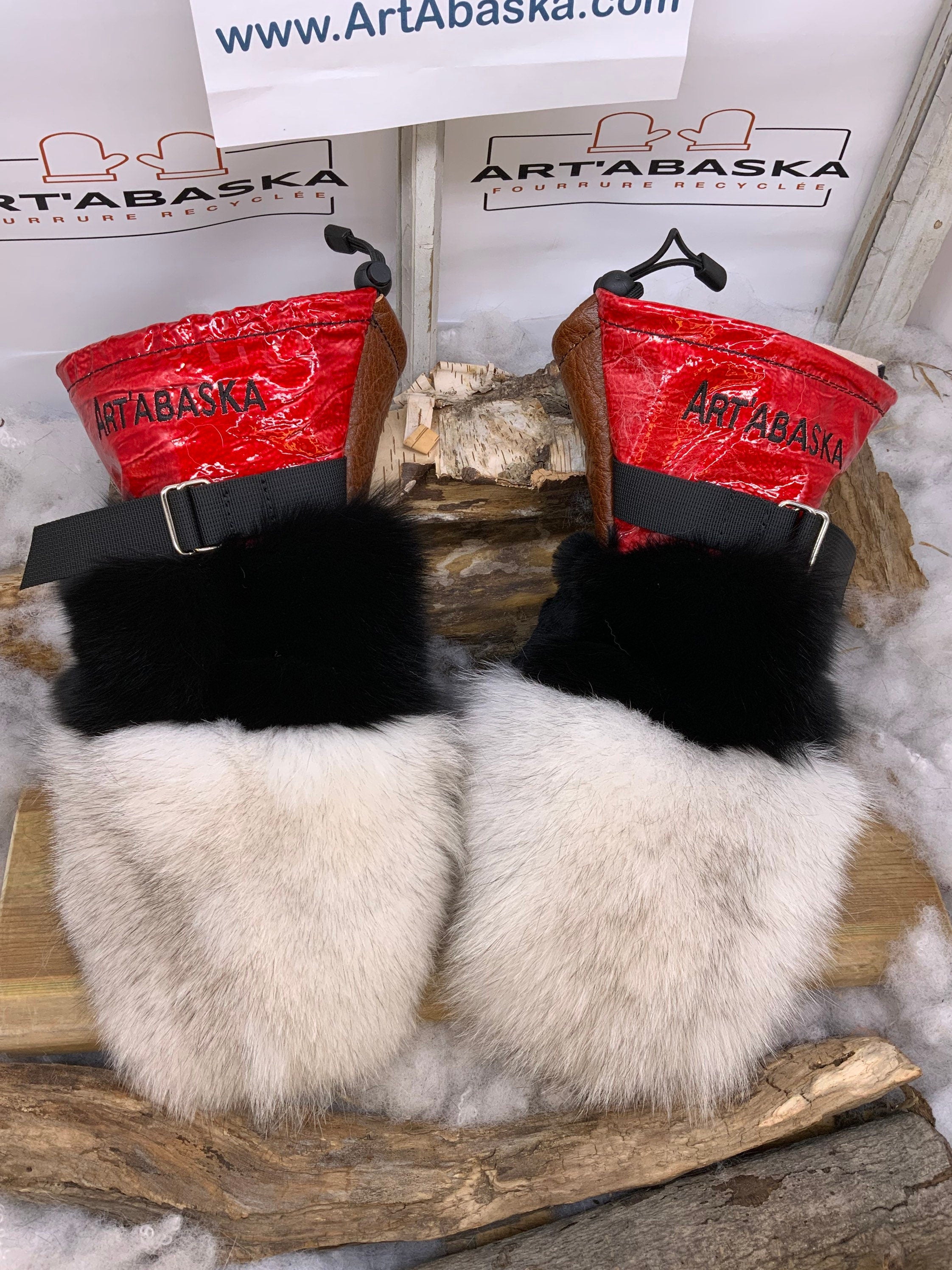 Mitaines Alice Medium - Édition spéciale patchwork, fourrures recyclées renard et vison noir, cuir noir brun rouge, fait à la main Québec