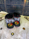 Mocassin d’intérieur homme Les Berthe – pointure 11 – édition Mario Bross – fourrure recyclée  patchwork renard – fait à la main au Québec