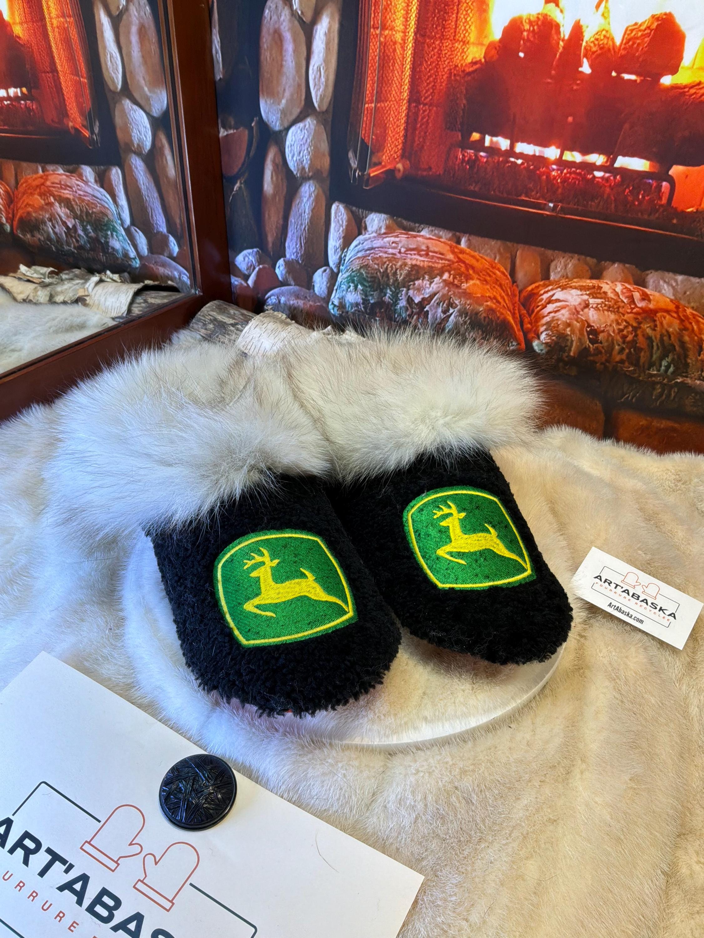 Slipper Pierrette pointure 10 Homme – Sherling italien & cuir recyclé, pièce unique faite à la main au Québec Édition JohnDeer