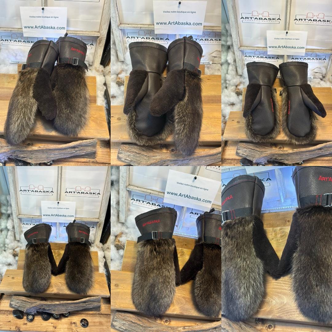 Mitaines Diane grandeur X-Large fourrure recyclée raton laveur cuir italien fait à la main Québec