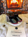 Mocassin d’interieur homme Les Marcelline - pointure 10 - cuir d’anguille noir, vison brun & raton recyclés - fait main au Québec