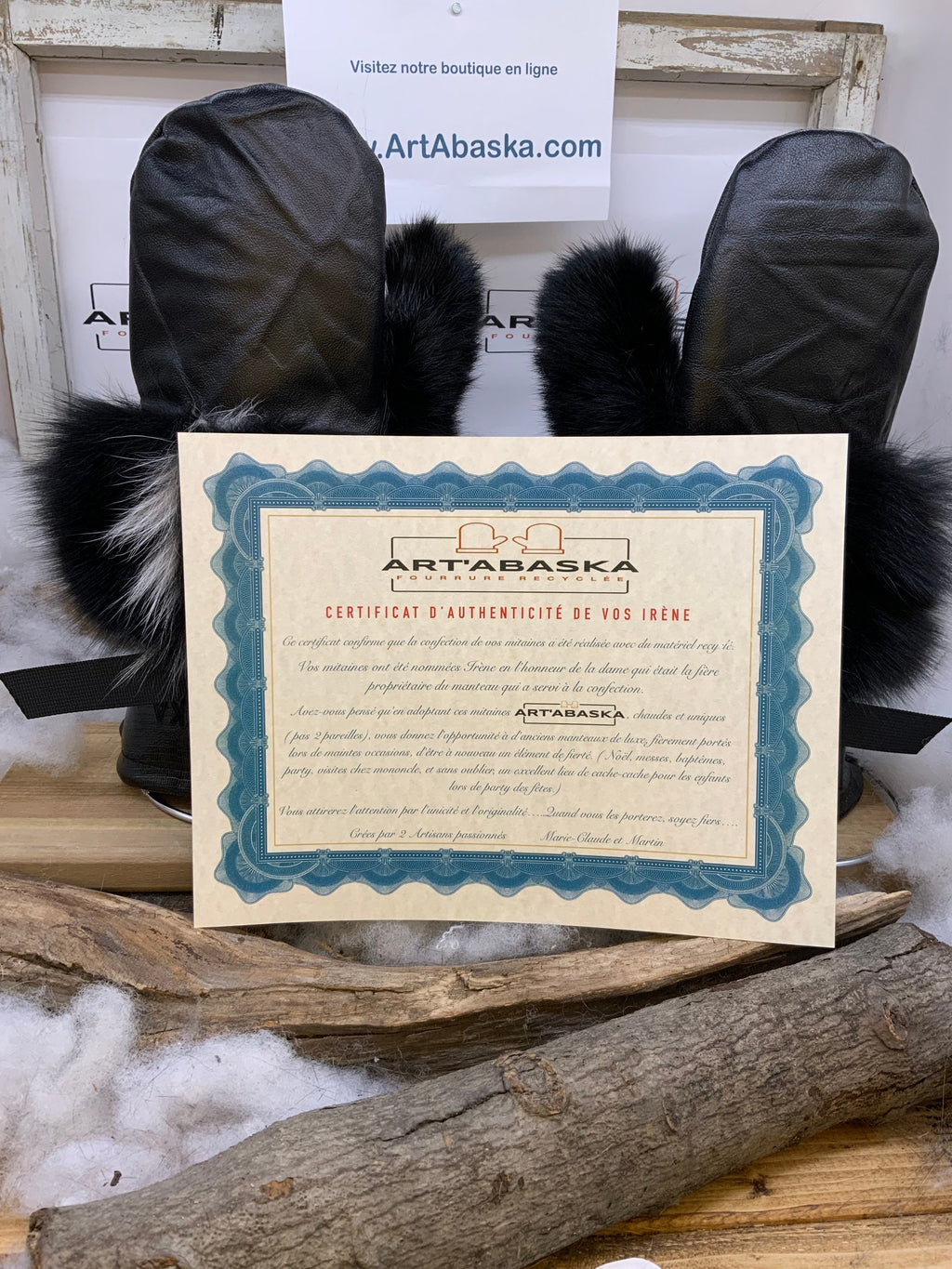 Mitaines Irène Large édition cuir noir embossé renard patchwork lapin recyclés fait main Québec pièce unique chaude et élégante